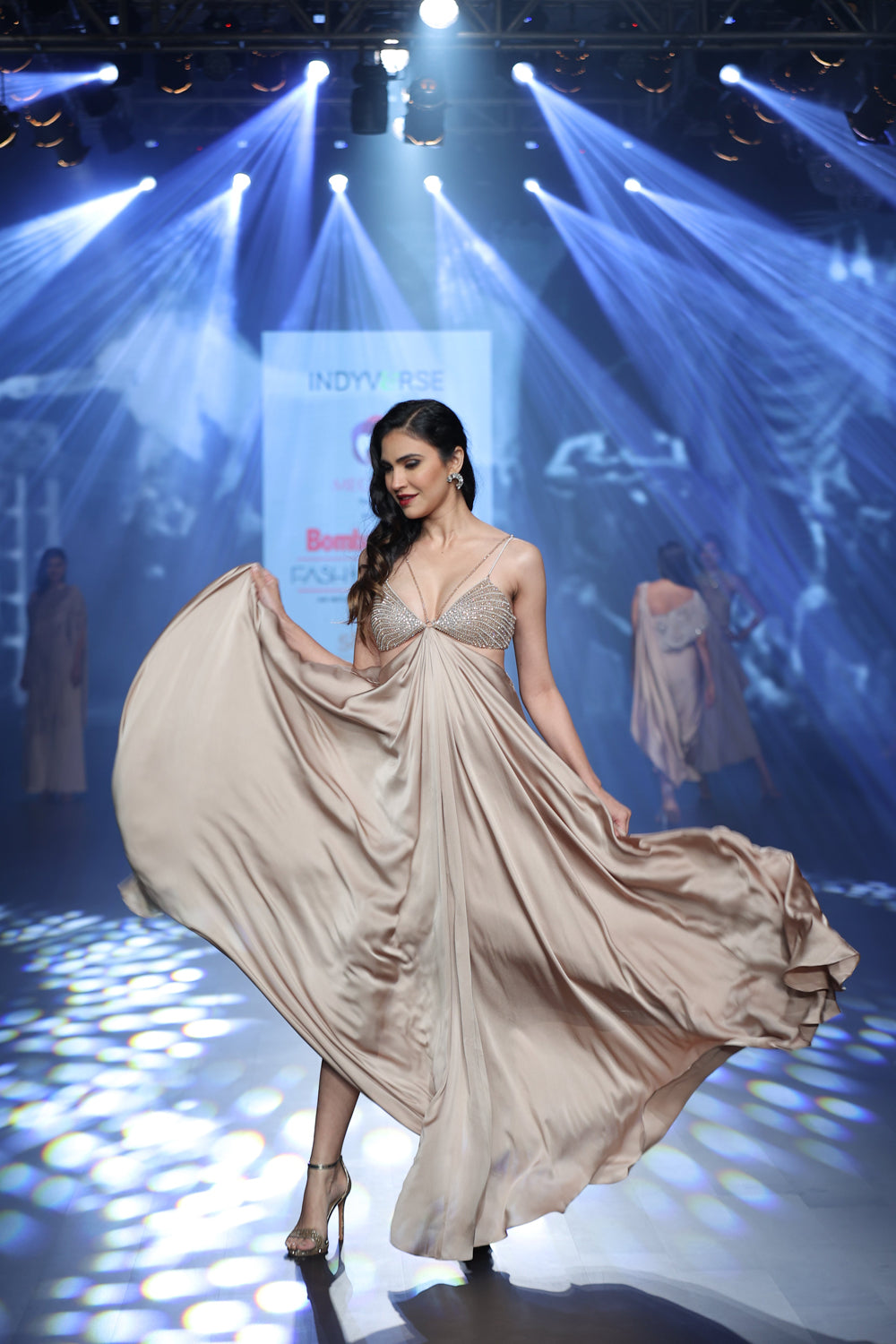 Taupe maxi dress with cut-outs and intricate hand embroidery