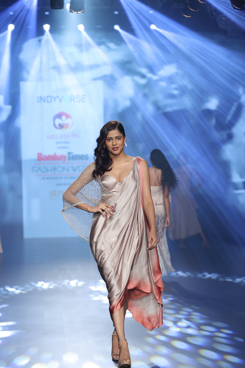 Ombre draped saree dress with a bralette and pearl detailing on mesh t