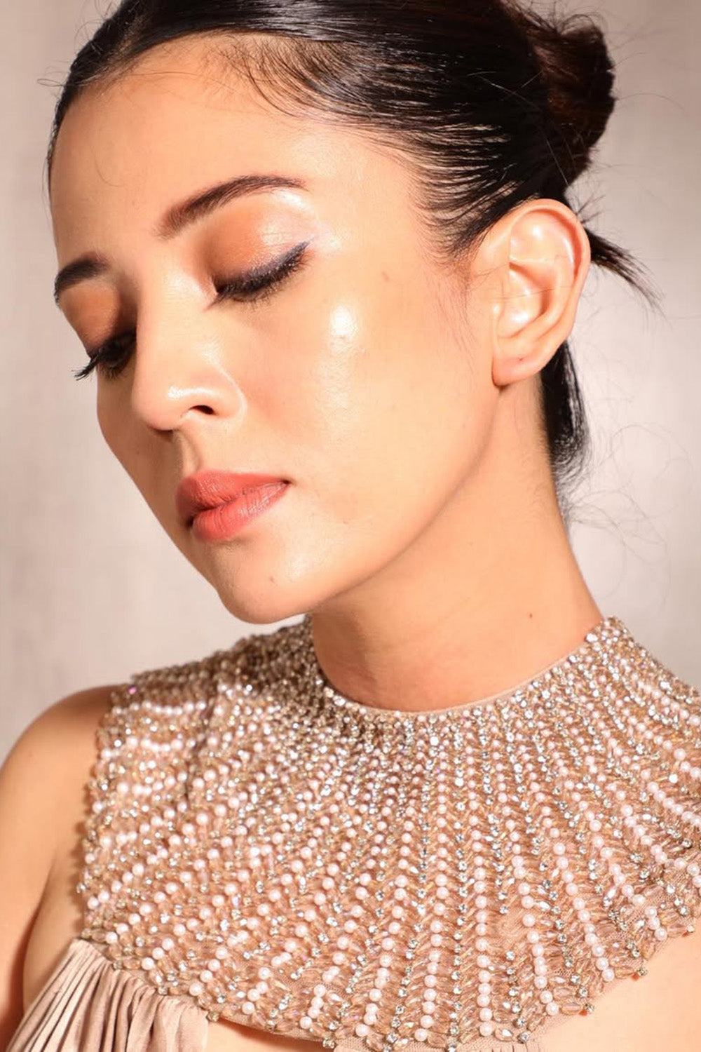 Barkha Singh in Taupe Maxi Dress with Embellished Choker