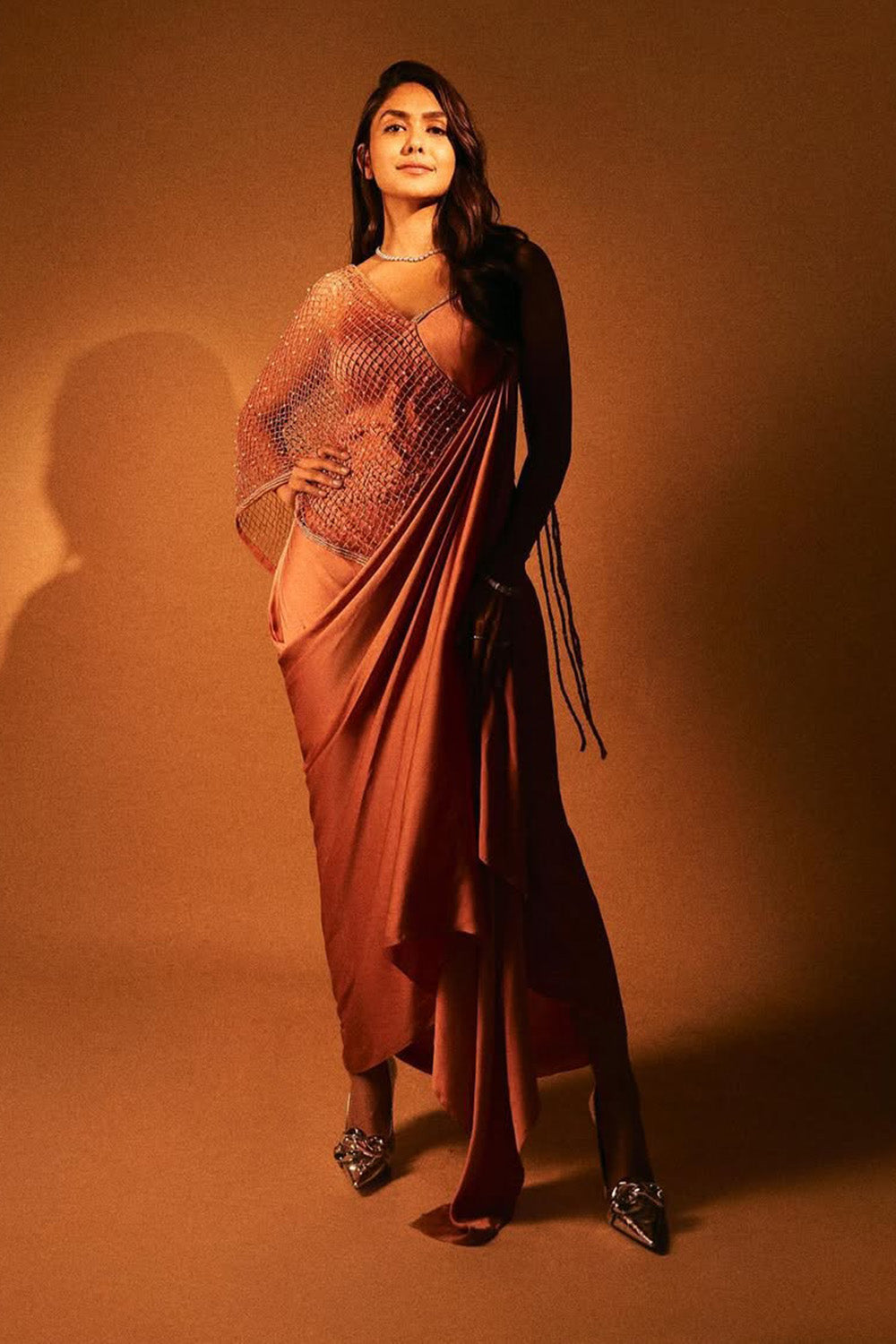 Mrunal Thakur in Nectarine Draped Cut-out Dress with Pearl Detailing on Mesh