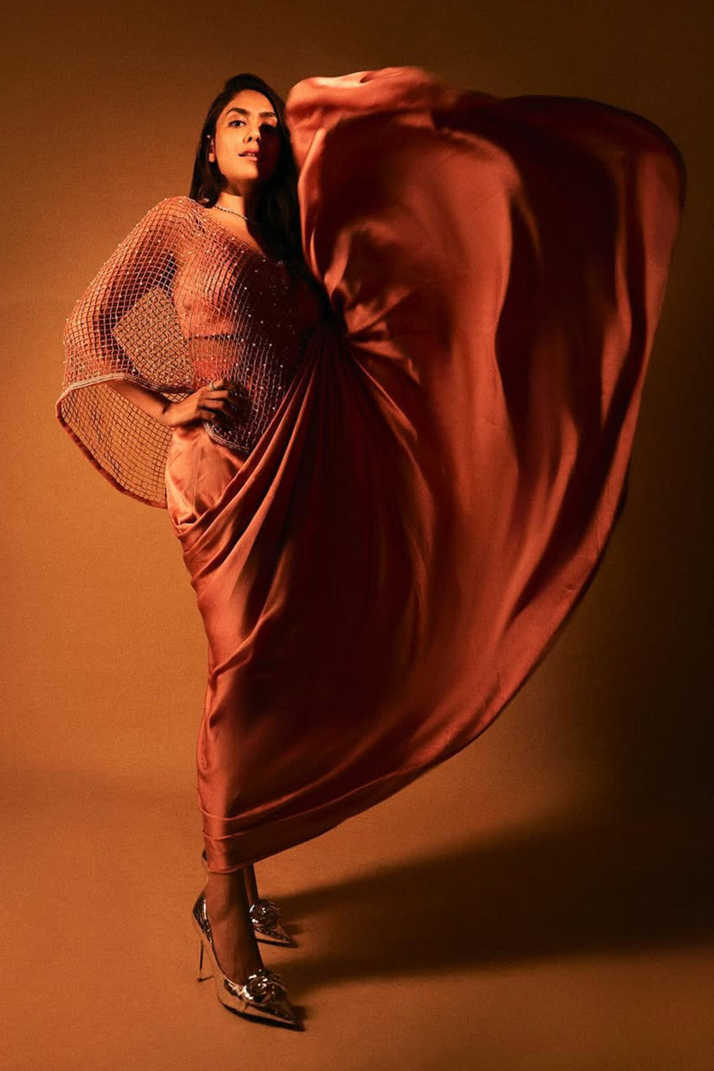 Mrunal Thakur in Nectarine Draped Cut-out Dress with Pearl Detailing on Mesh