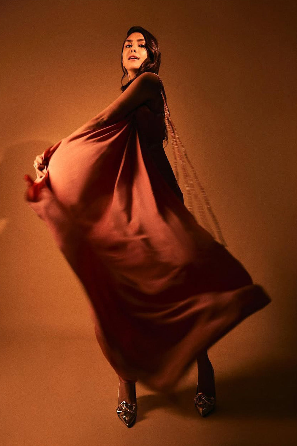 Mrunal Thakur in Nectarine Draped Cut-out Dress with Pearl Detailing on Mesh