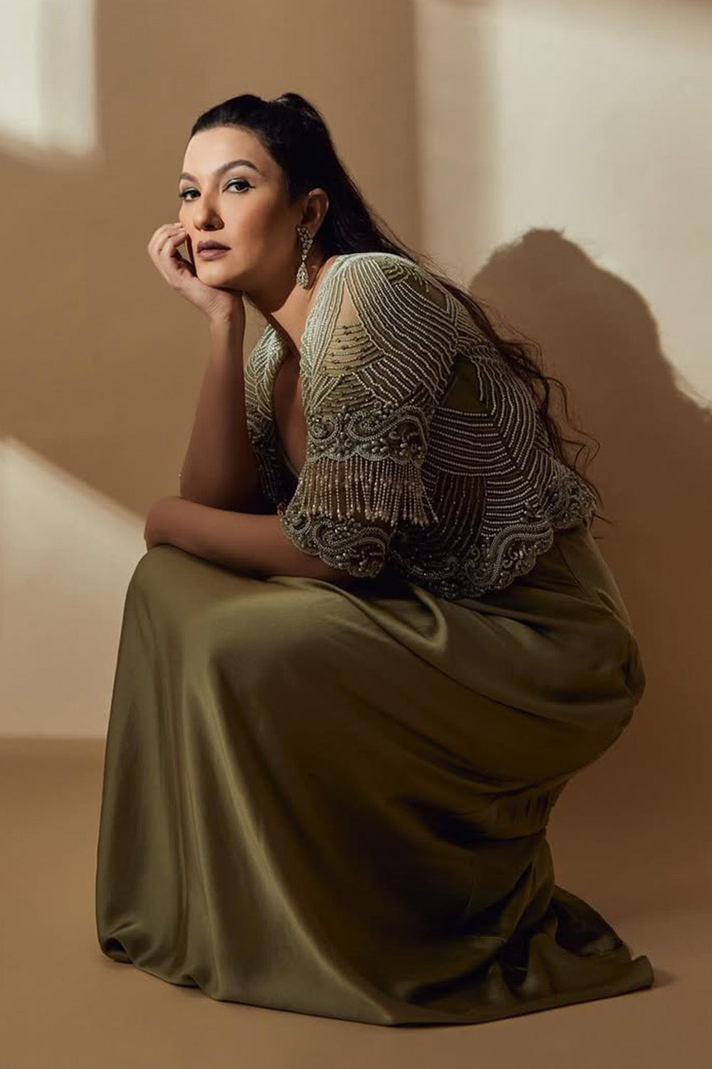 Gauahar Khan in Sage Green Cut-out Dress with an Embellished Jacket