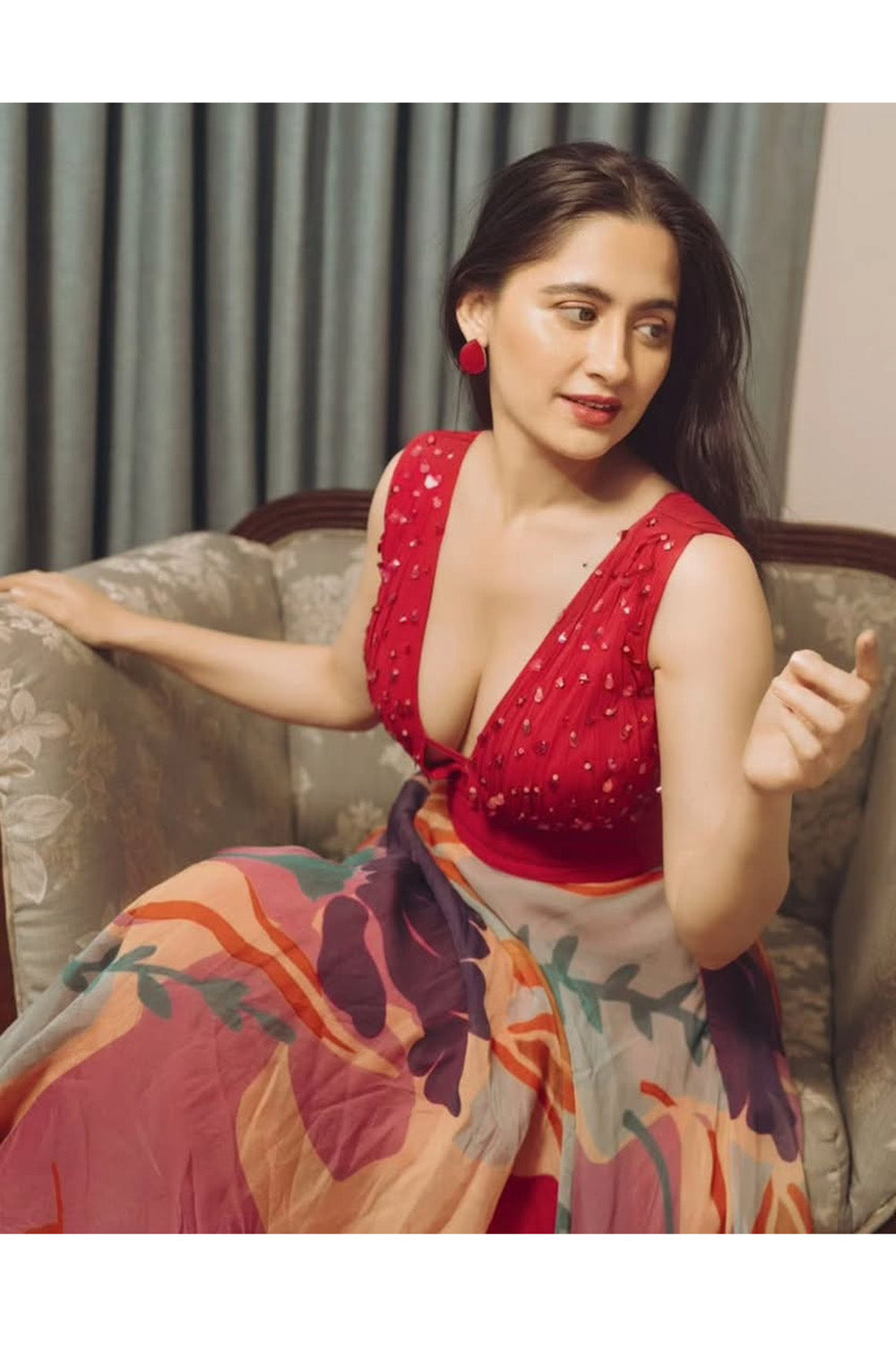 Sanjeeda Shaikh in Printed Midi-Dress with Ruched Bodice