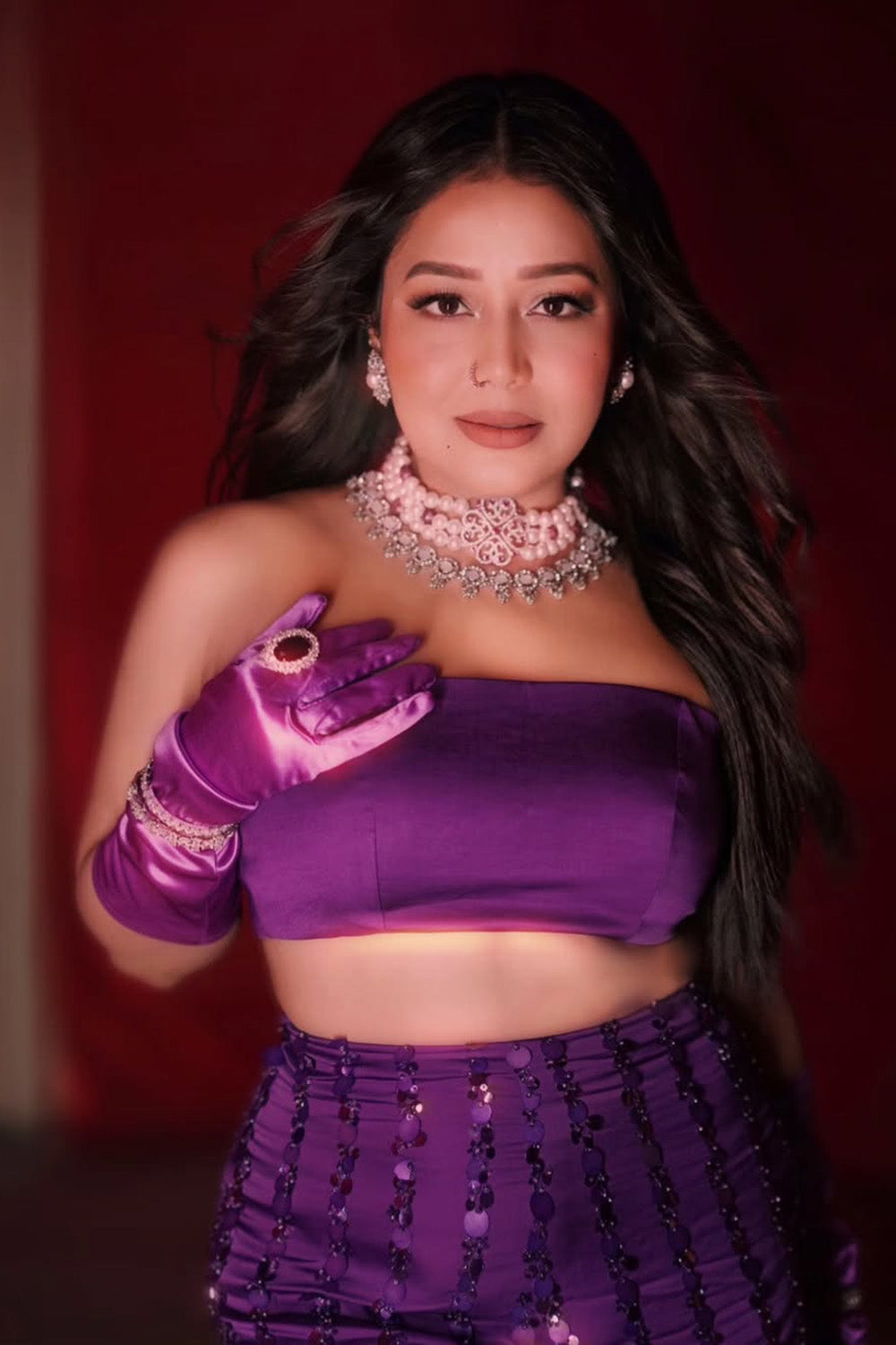 Neha Kakkar in Embroidered Straight Pants and Organza Ruched Top