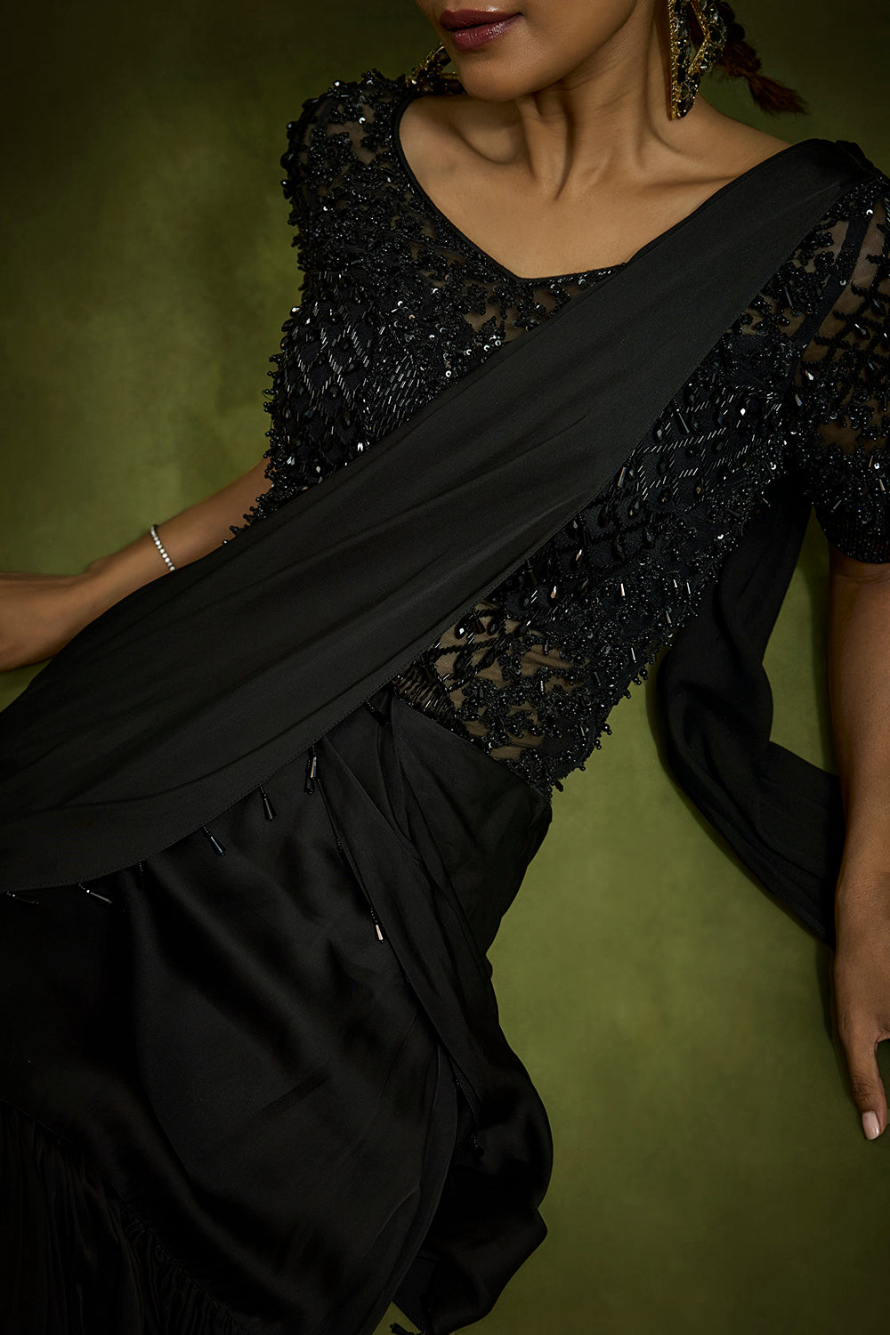 Gilded Crystal Bodysuit Drape Saree