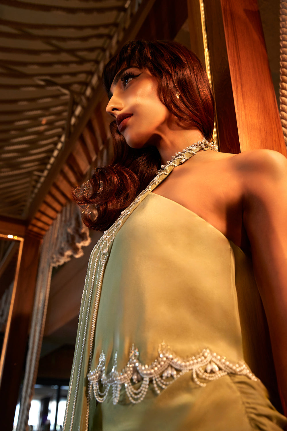 Sage Green Gathered Skirt with One Shoulder Top and Cape