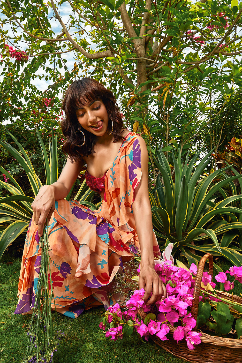 Cerise Pink Embellished Bralette Paired with Floral Printed Ruffle Saree