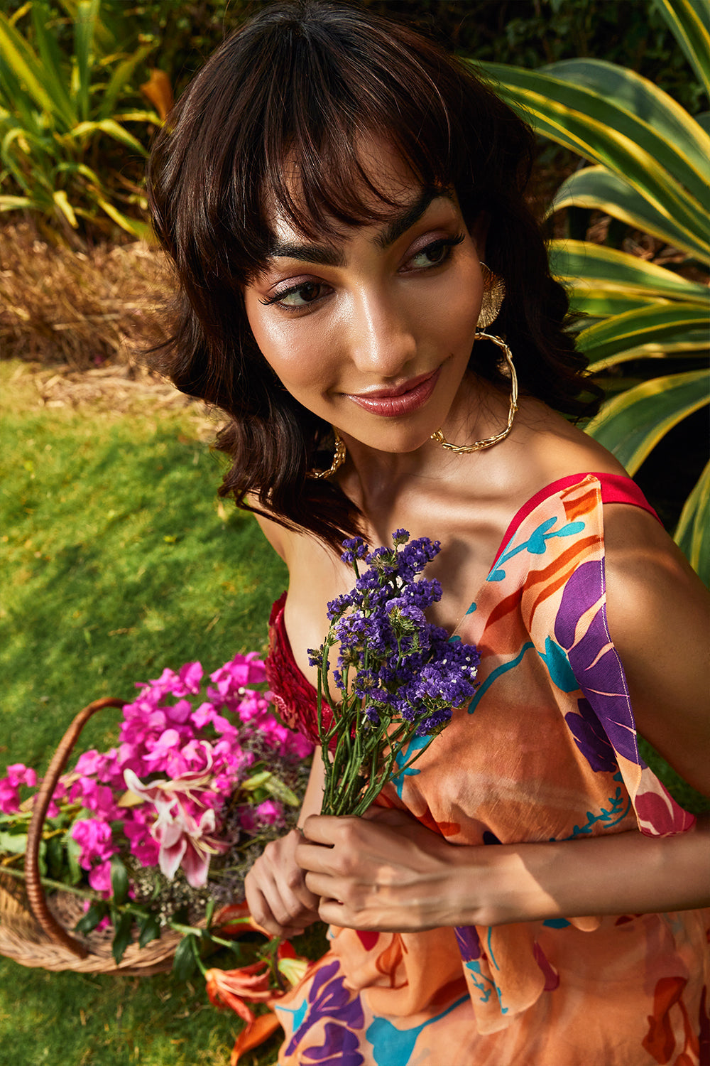 Cerise Pink Embellished Bralette Paired with Floral Printed Ruffle Saree