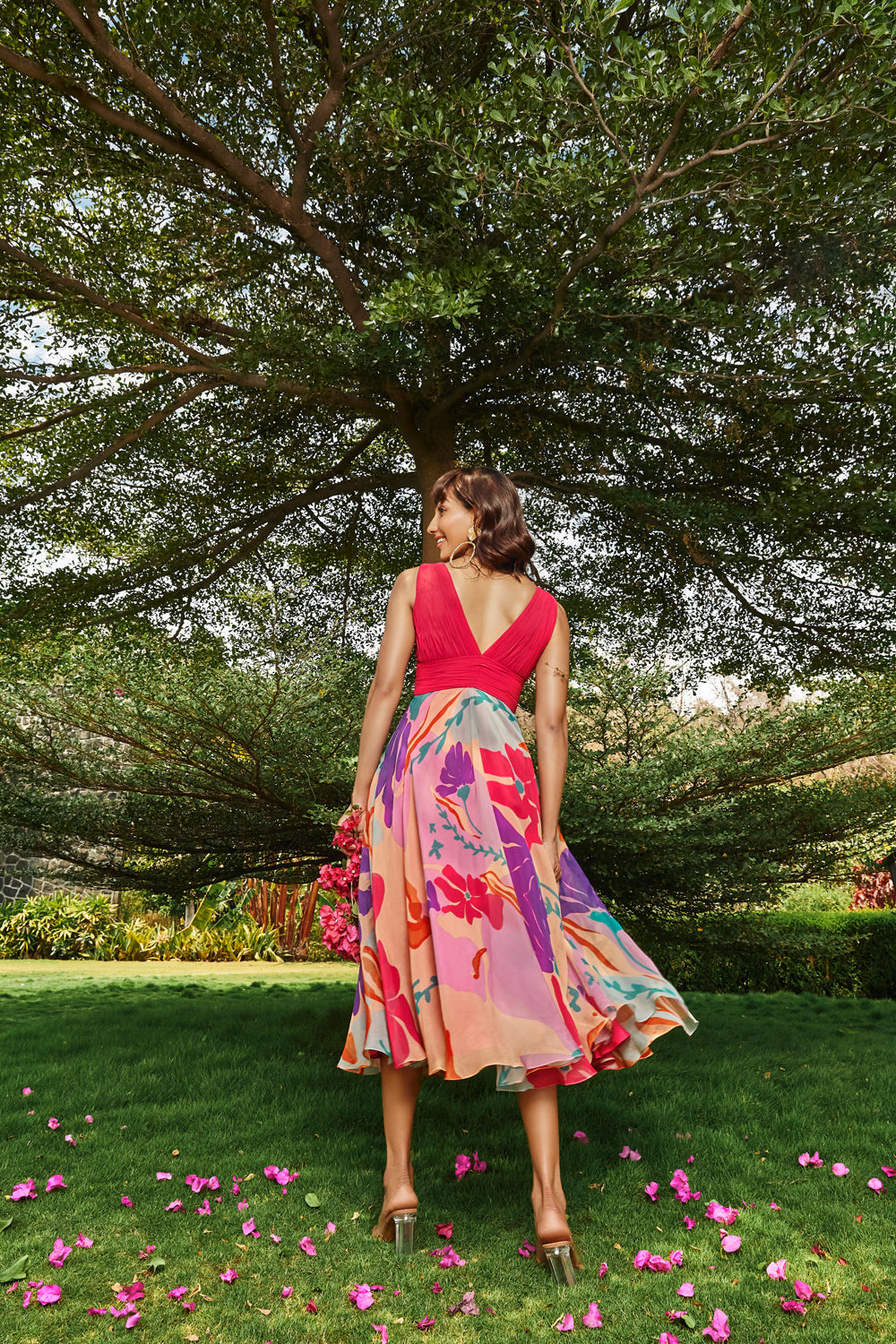 Printed Midi-Dress with Ruched Bodice