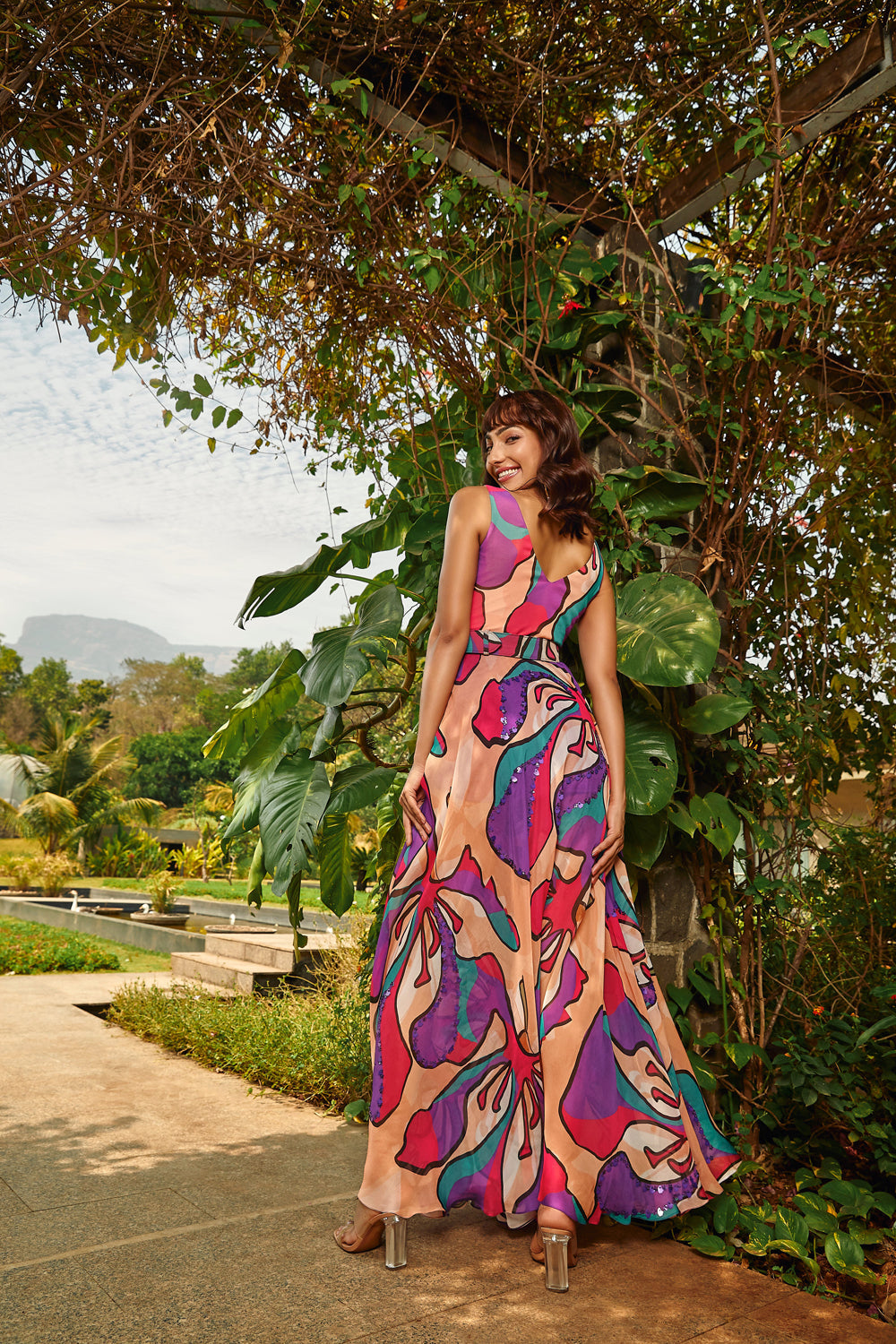 Peach Fuzz Floral Printed Cowl Dress