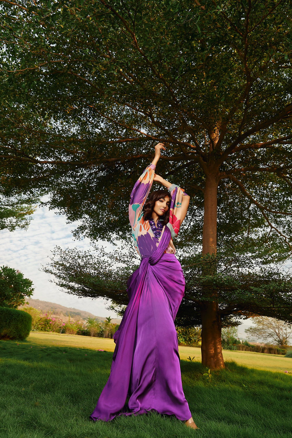 Floral printed top & Iris colored draped saree set