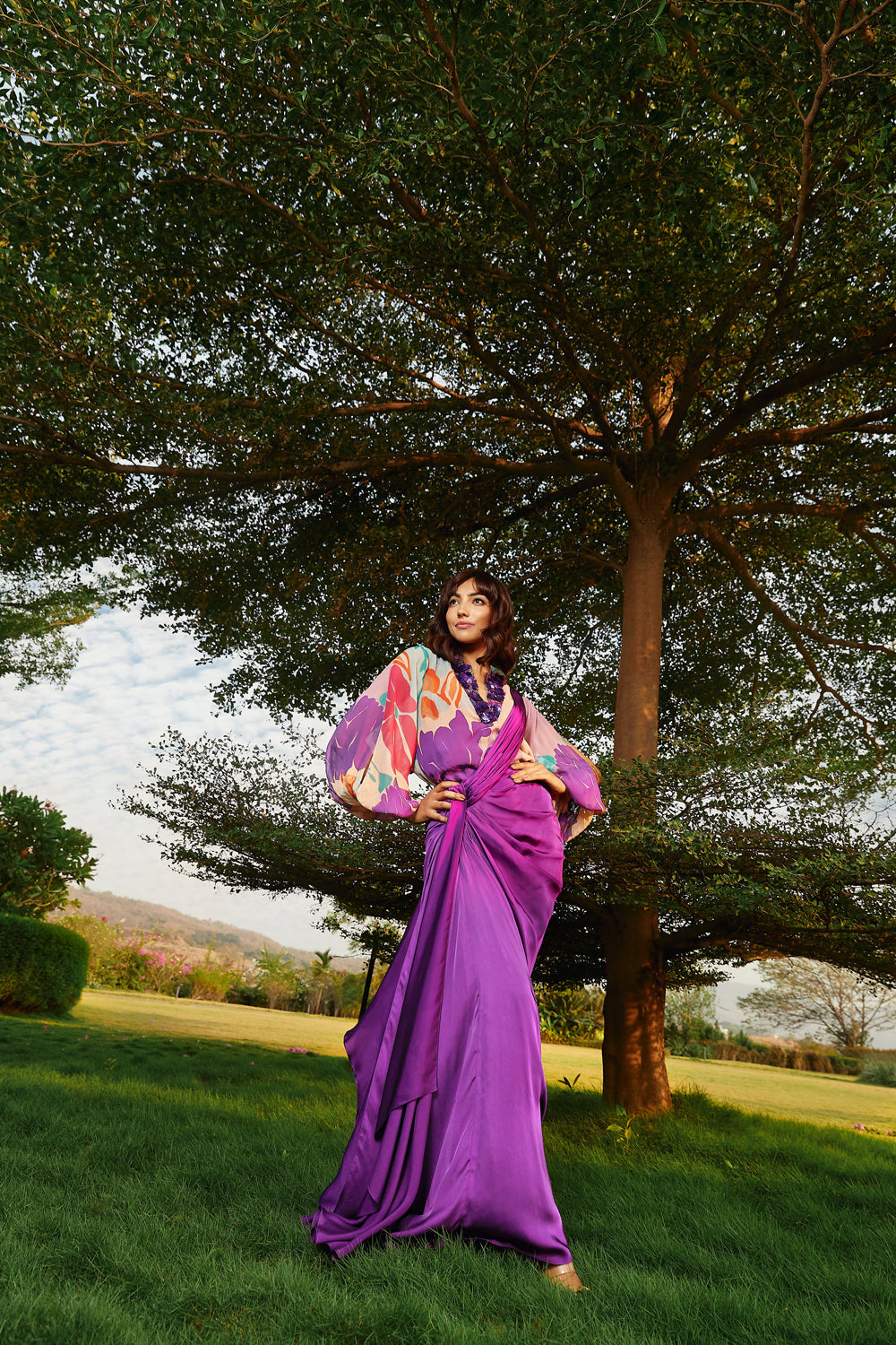 Floral printed top & Iris colored draped saree set