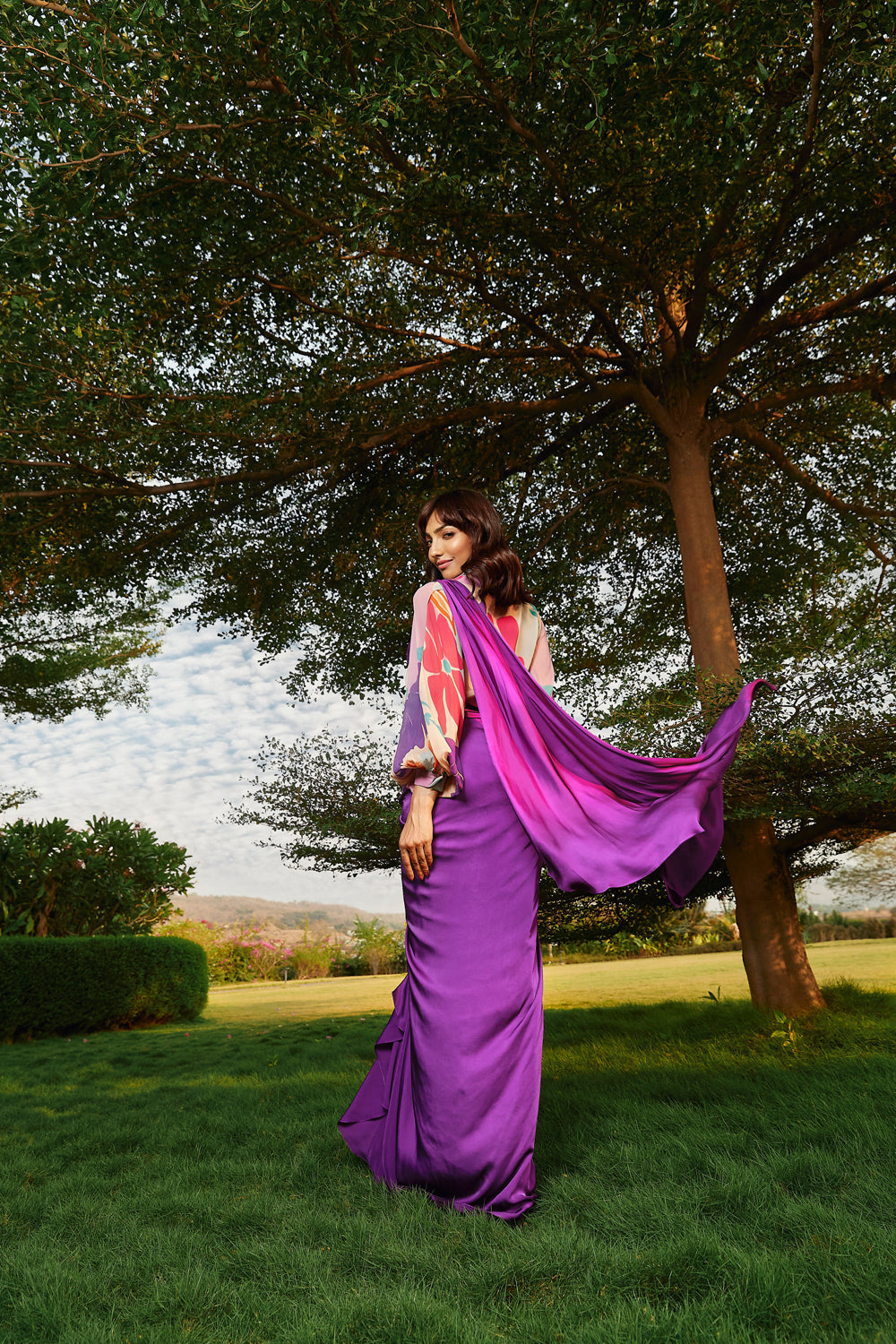 Floral printed top & Iris colored draped saree set