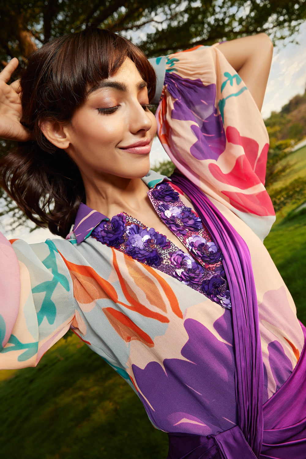 Floral printed top & Iris colored draped saree set
