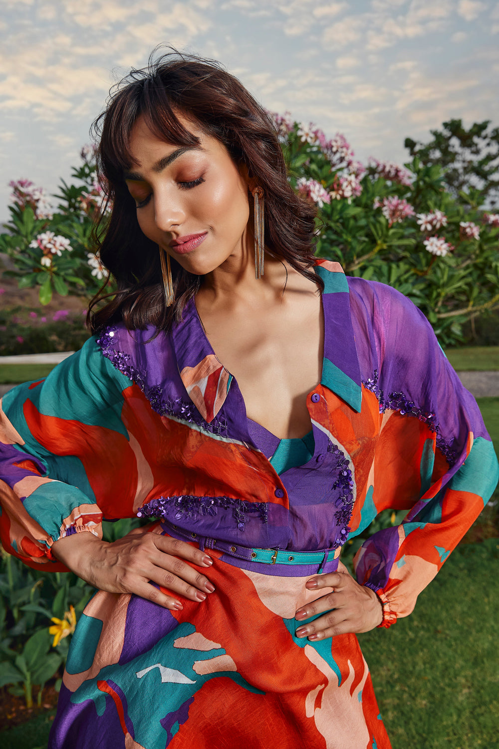 Printed Flared Skirt Paired with Organza Shirt