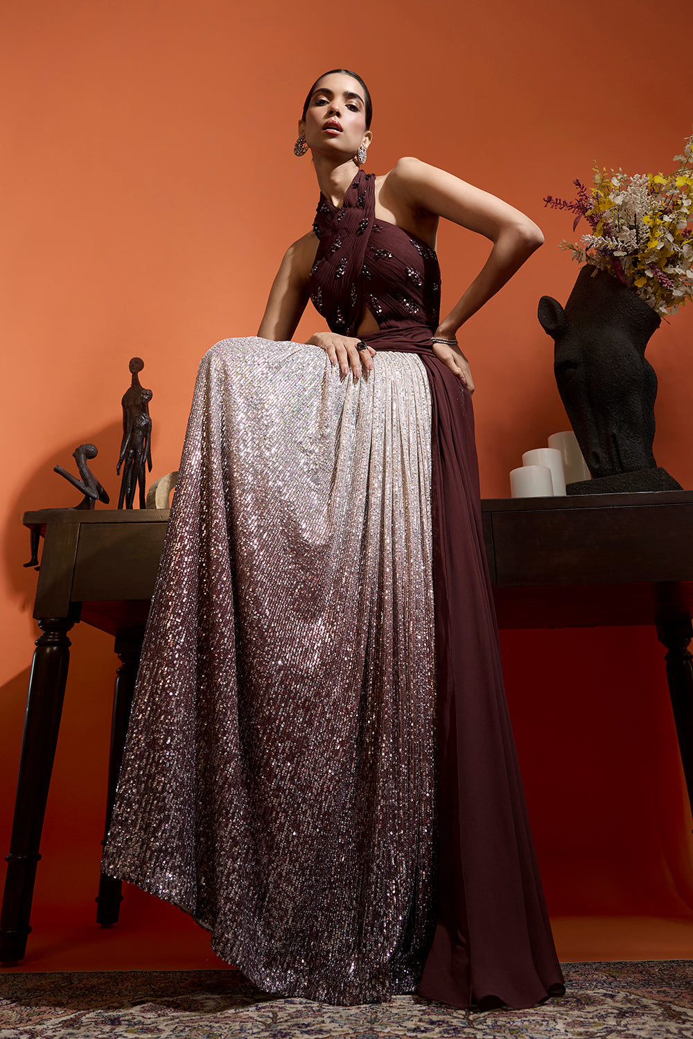 Halter Ombré Drape Gown