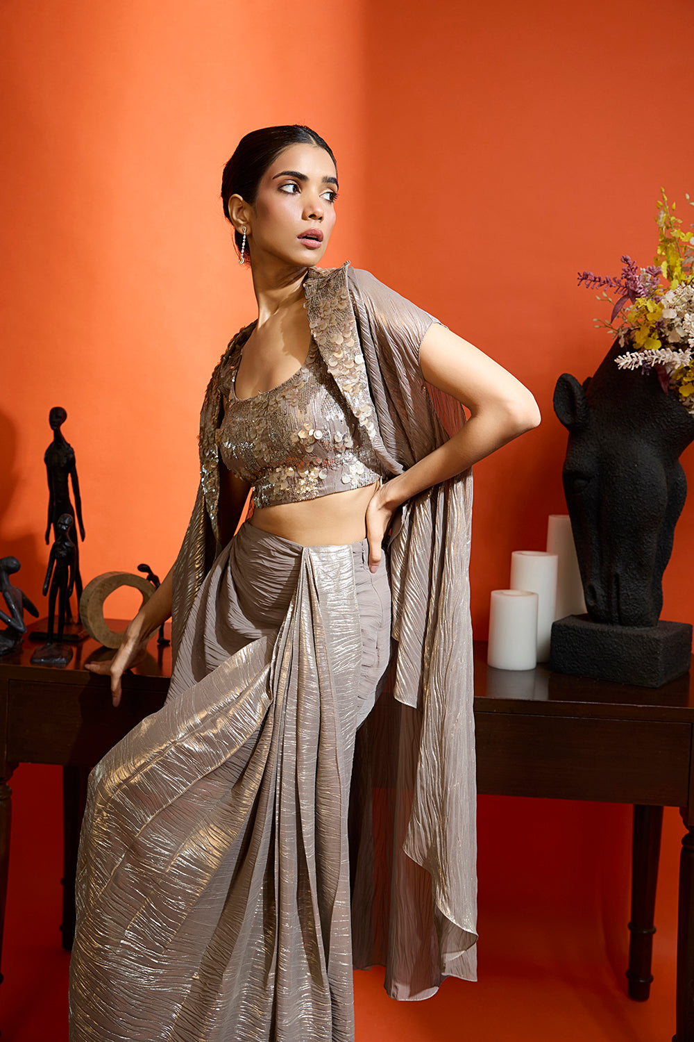Metallic Champagne Gold Draped Ensemble