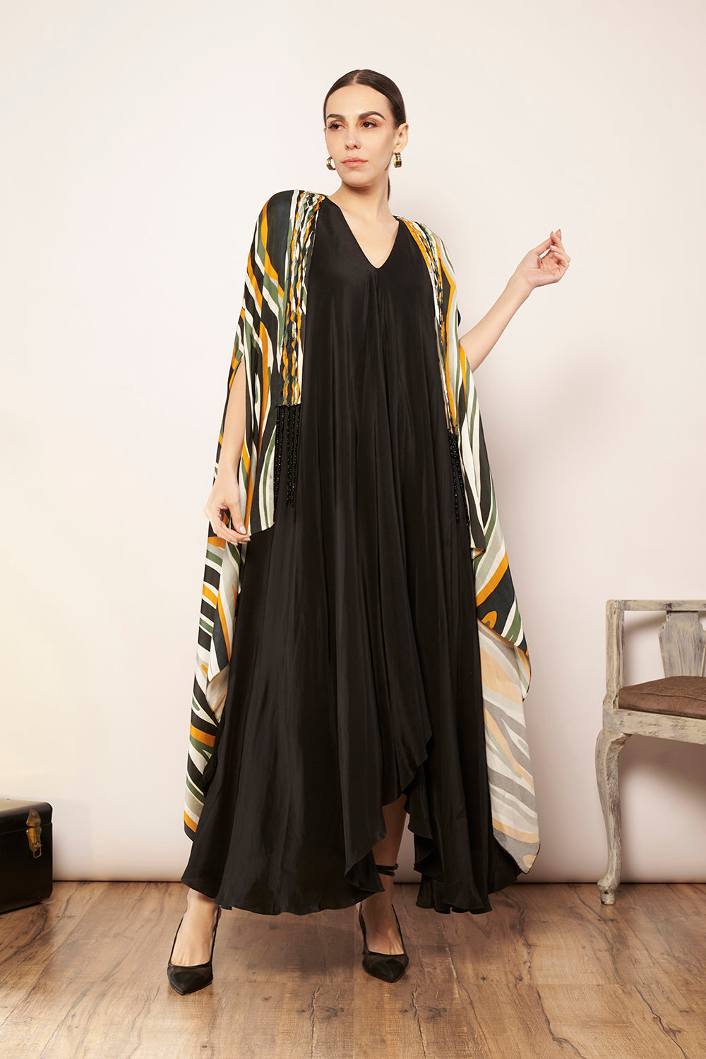 Printed Cape with Tucks Detailing