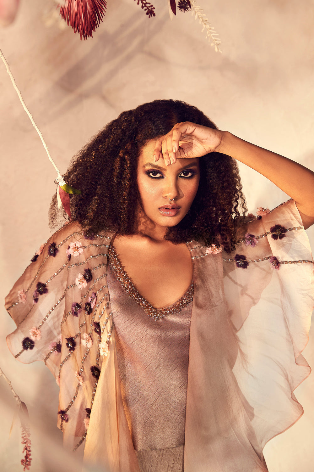 Coffee Top with Flared Pants And Cape