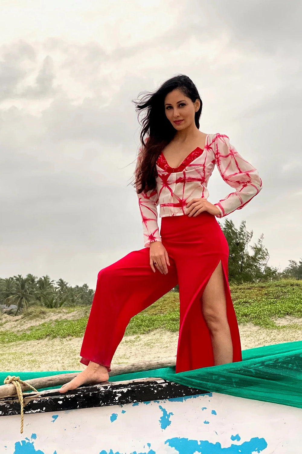 Pooja Chopra in Tie-Dye Scarlet Red Organza Top With Trousers