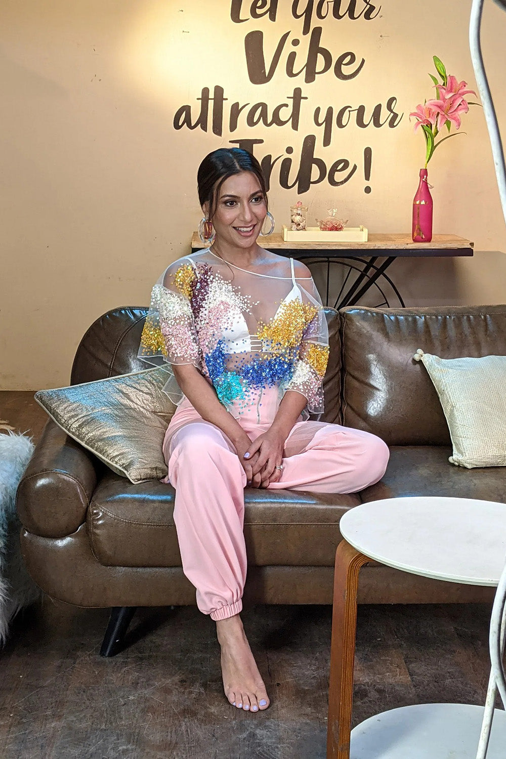 Miss Malini and Hina Khan in Tulle Top Paired With Bralette And Joggers