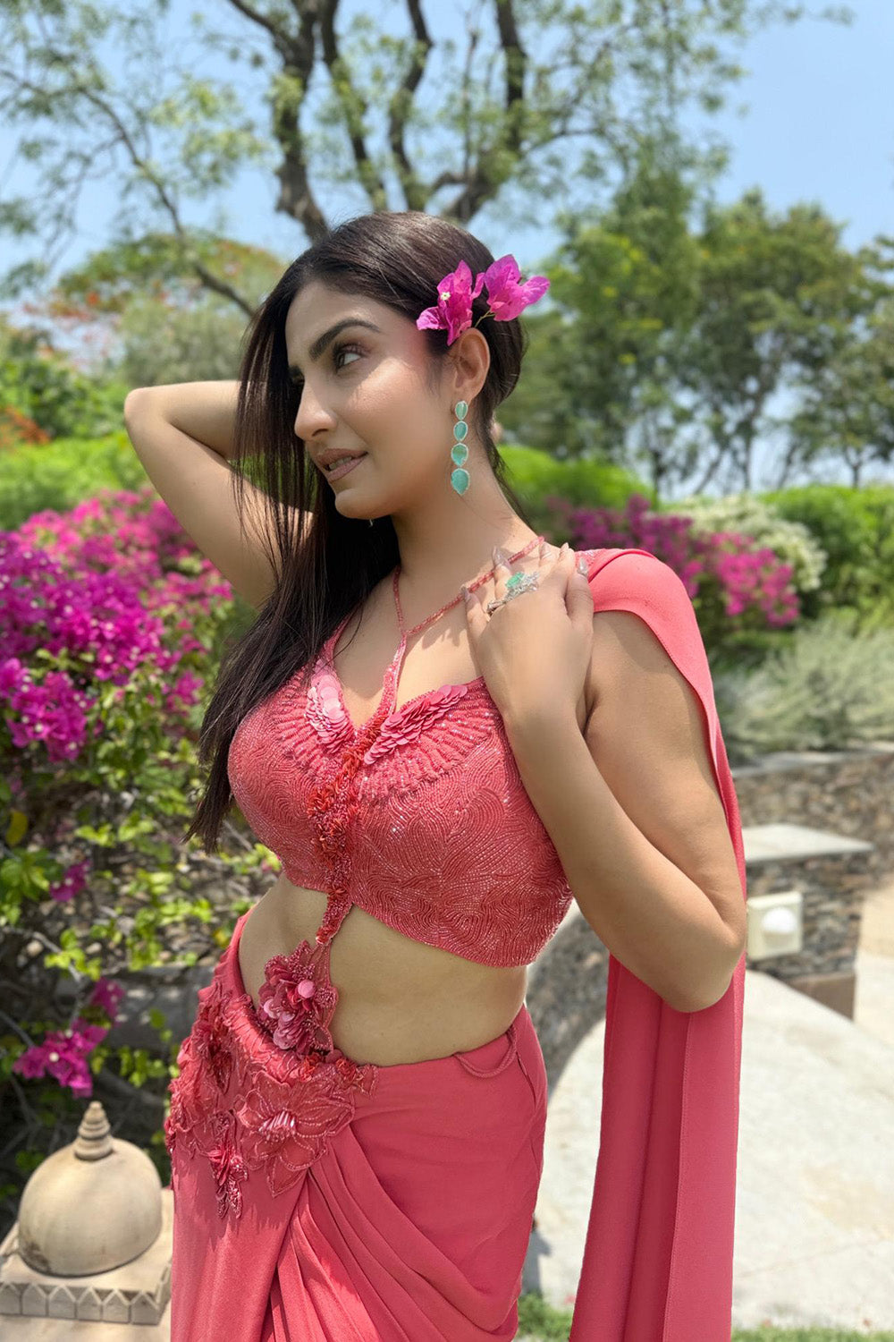 Rupali Jagga in Coral Sculpted Drape Saree