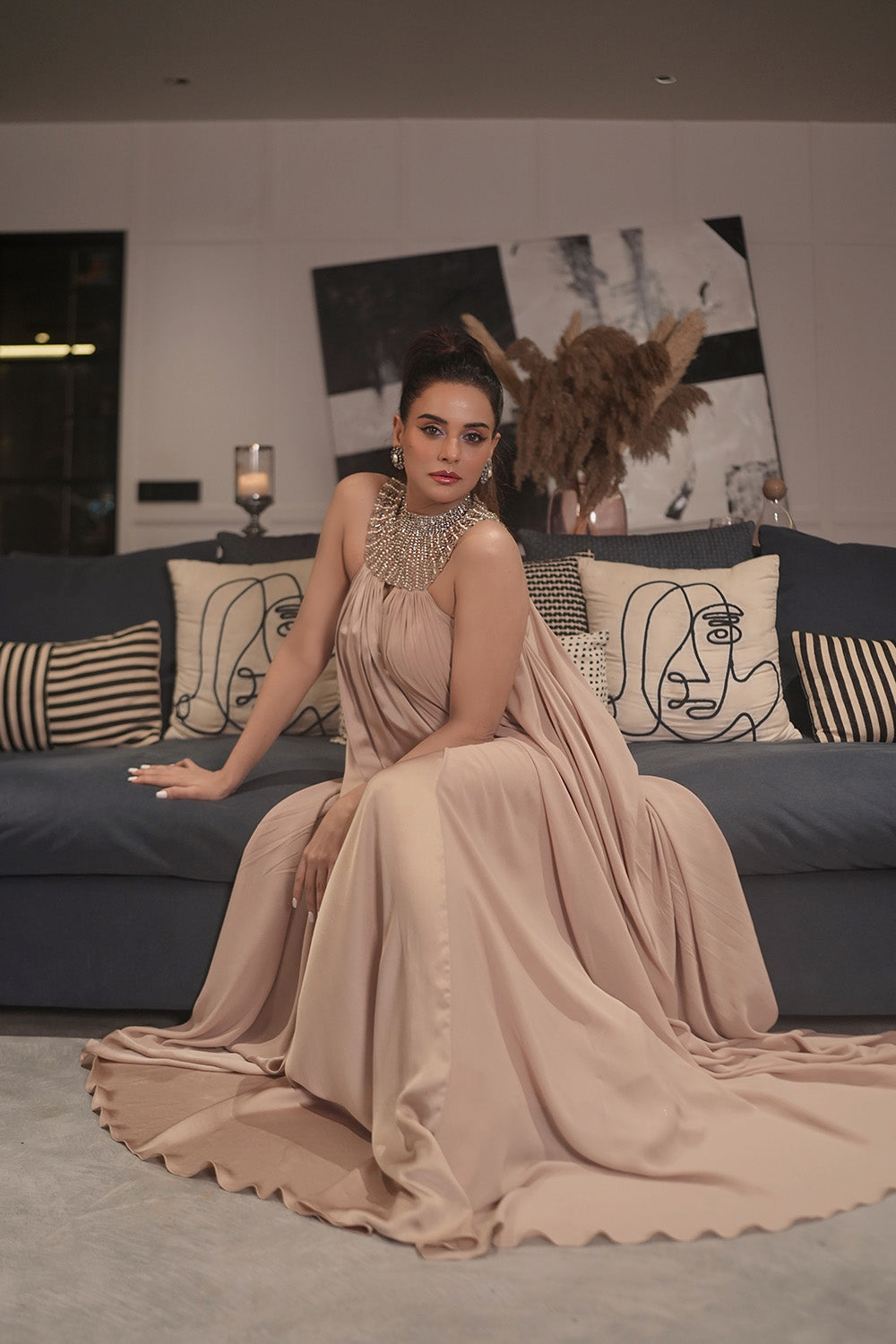 Sara Afreen Khan in Taupe Maxi Dress with Embellished Choker