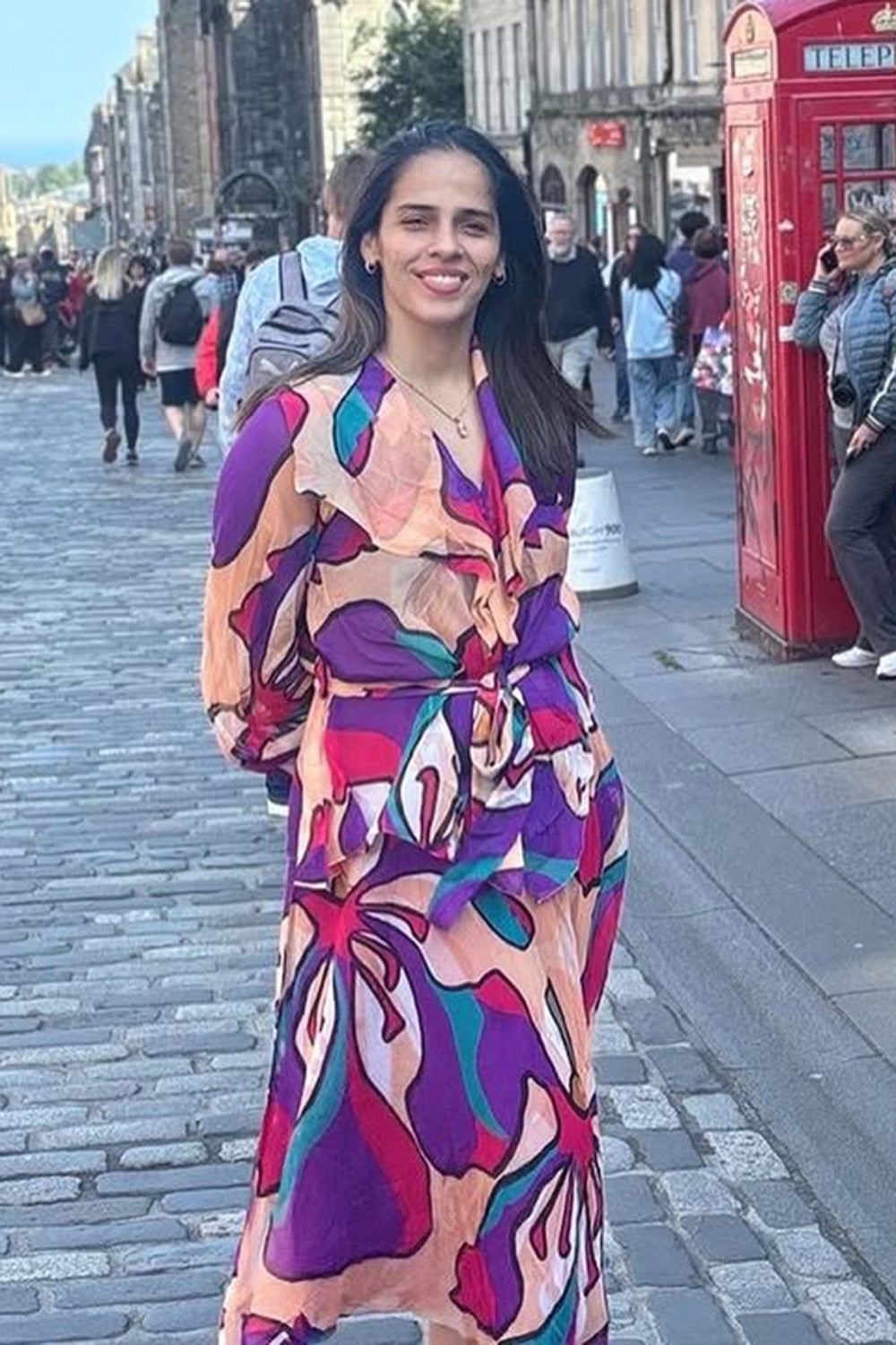 Saina Nehwal in Printed Overlap Shirt With Bralette and Printed Flared Skirt