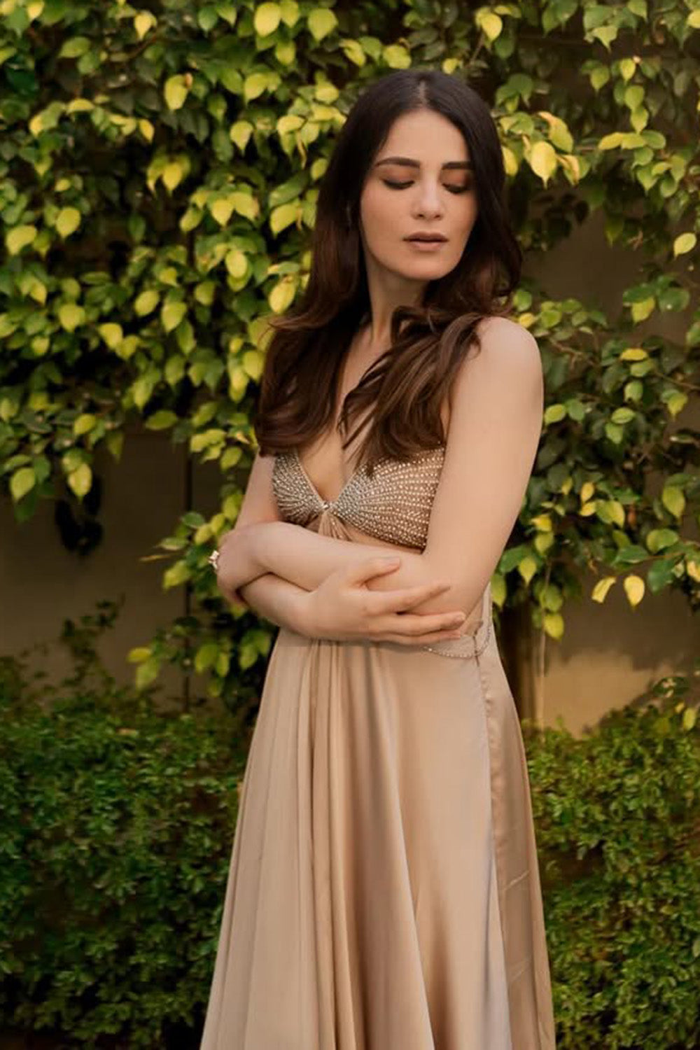 Radhika Madan in Taupe Maxi Dress with Cut-Outs and Intricate Hand Embroidery