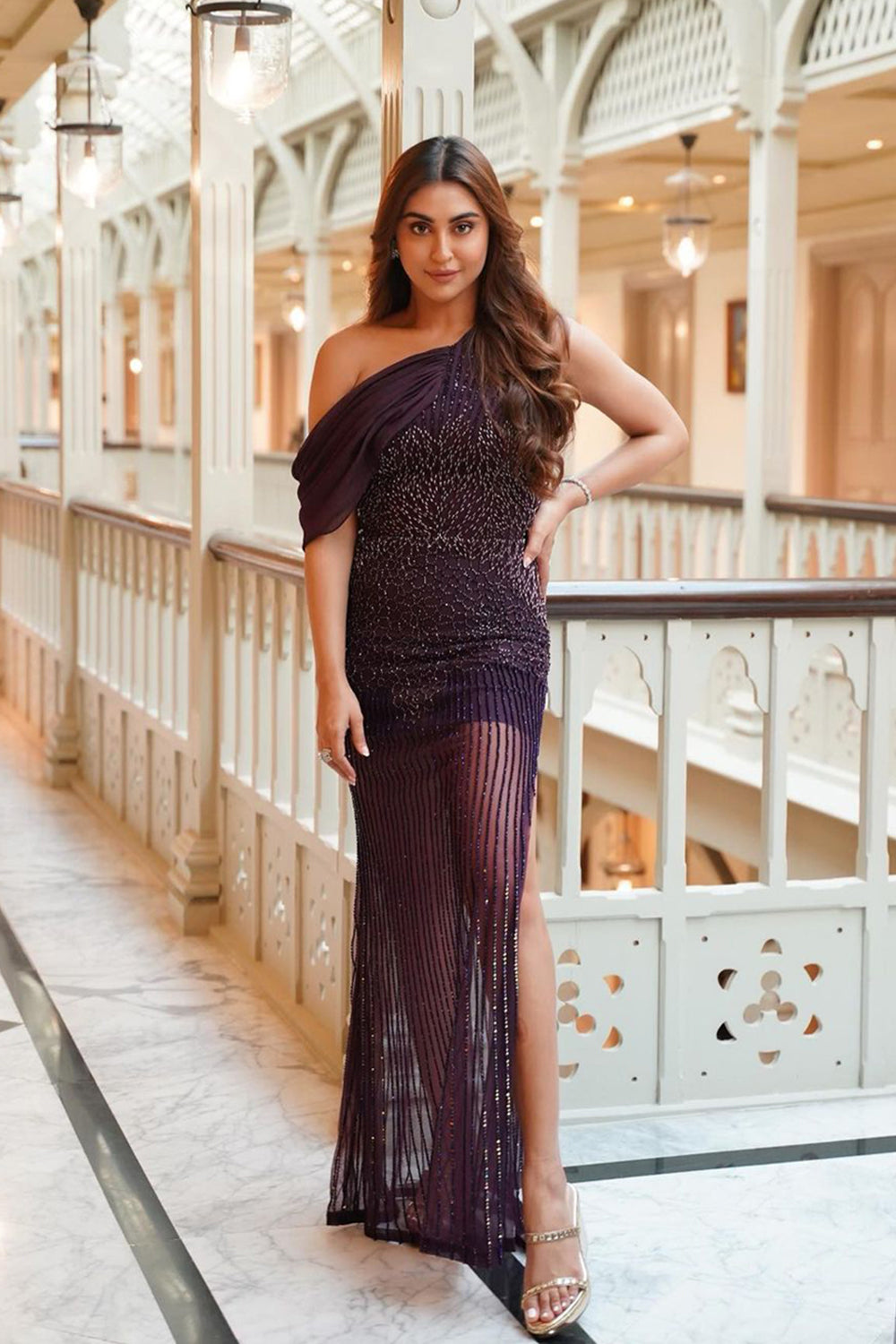 Krystle Dsouza in Wine One Shoulder Gown