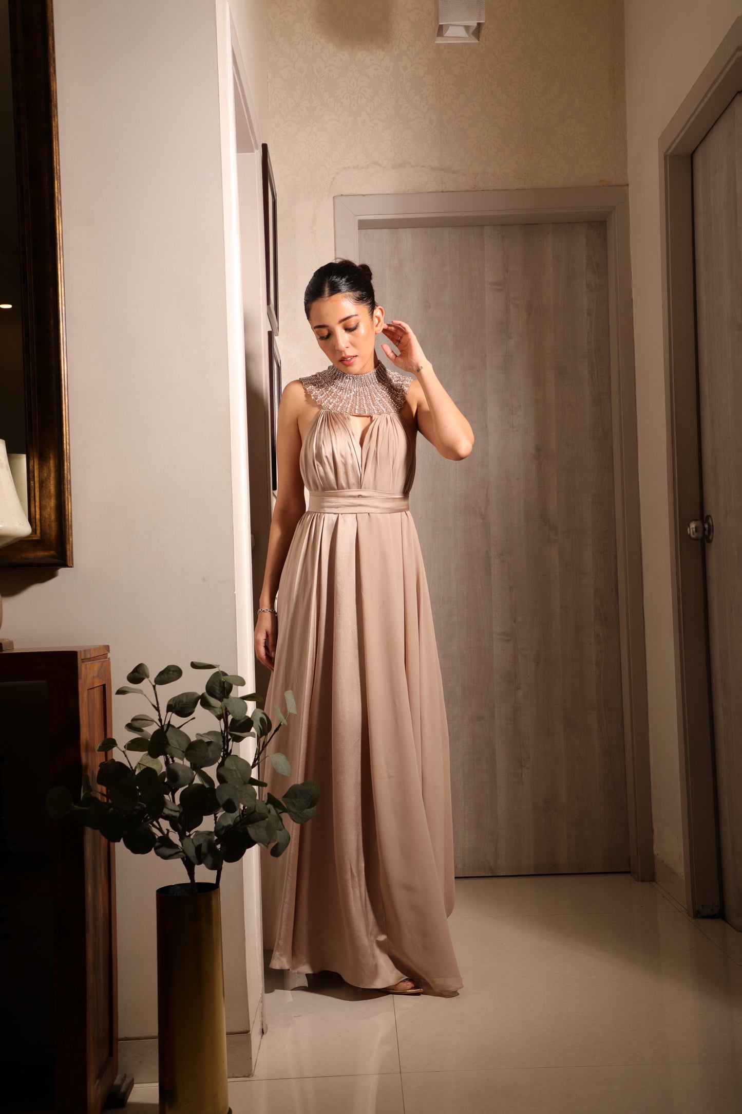 Taupe maxi dress with embellished choker.