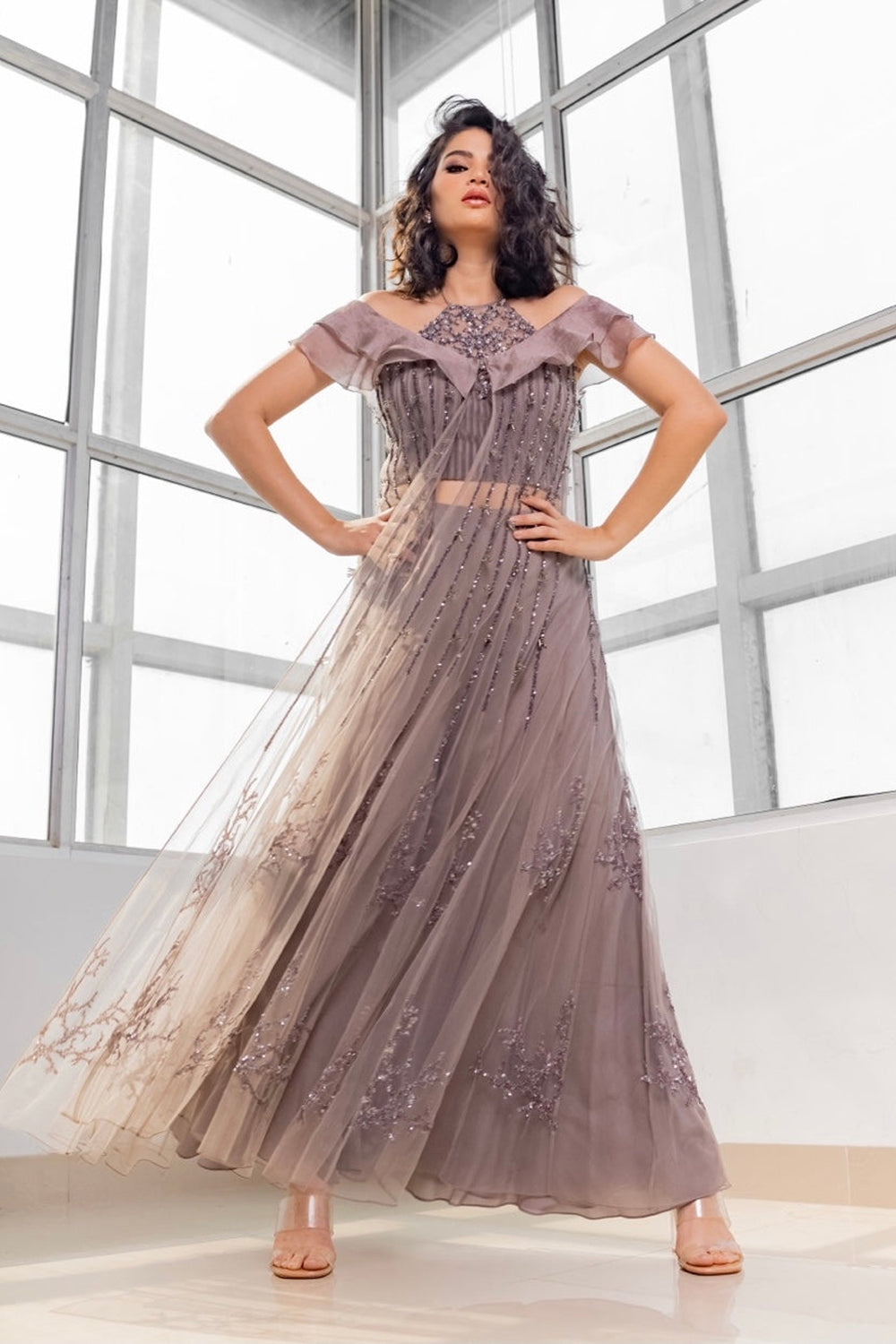 Grey Crop Top with Pant and a Cape