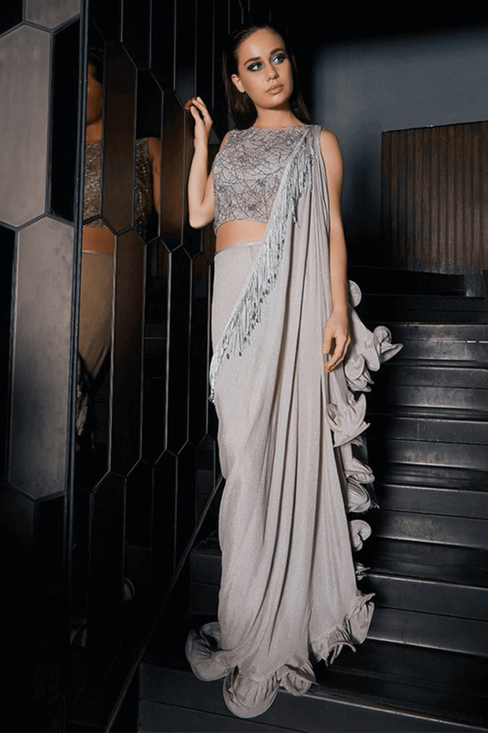 Ruffled Saree with Heavy Embroidered Sheer Blouse