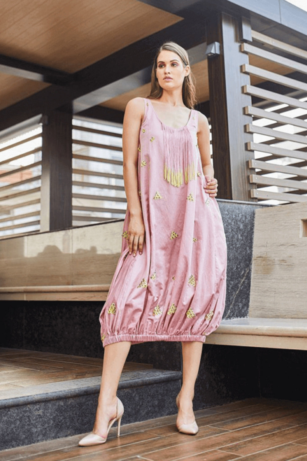 Flamingo Elasticated Hem Silk Midi Dress