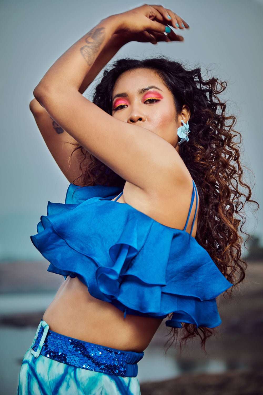 Azure Blue Ruffled Organza Blouse With Skirt And Belt