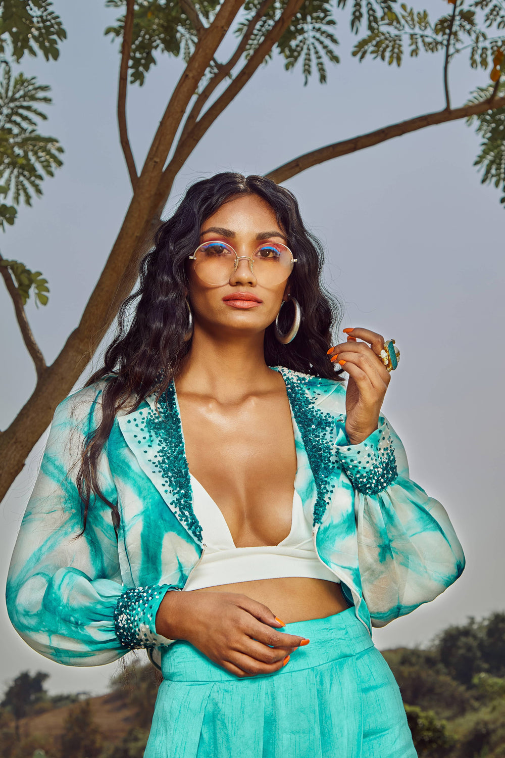 Celestial Blue Overlap Pleated Trousers with Jacket And Bralette