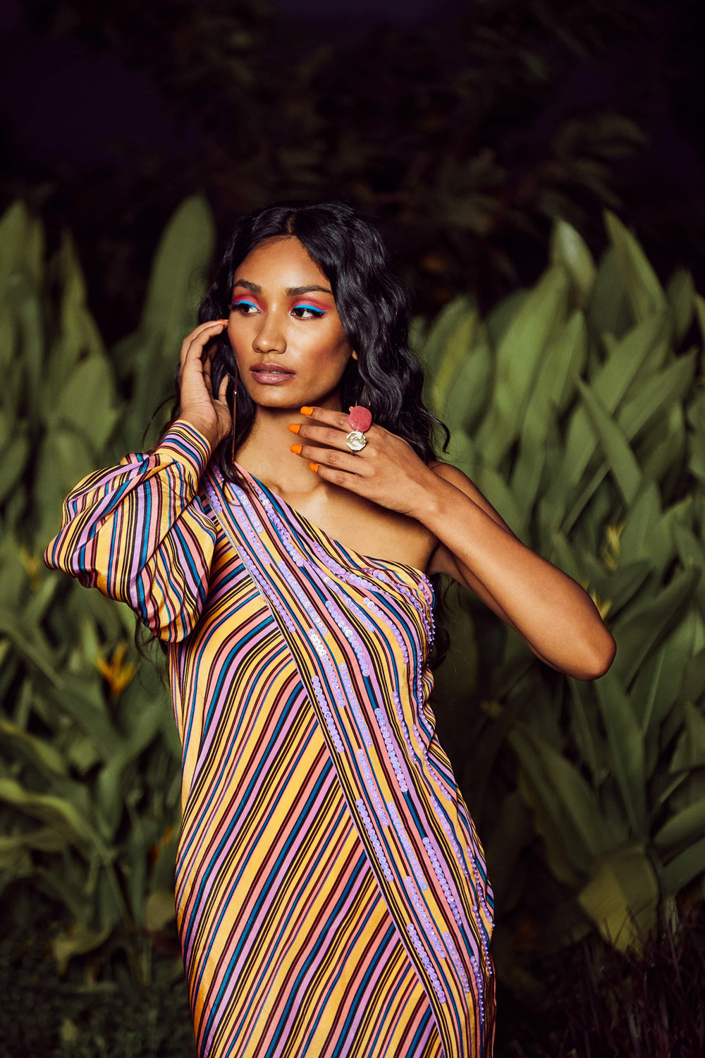 Priyanca Talukdar in Yellow Printed One Shoulder High-Slit Overlay Maxi Dress