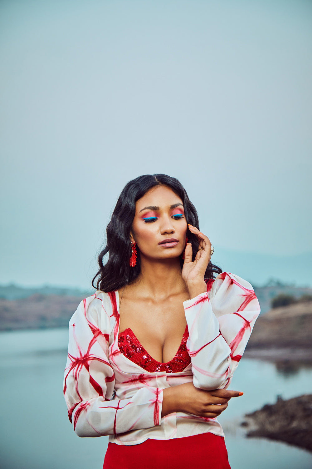 Tie-Dye Scarlet Red Organza Top With Trousers