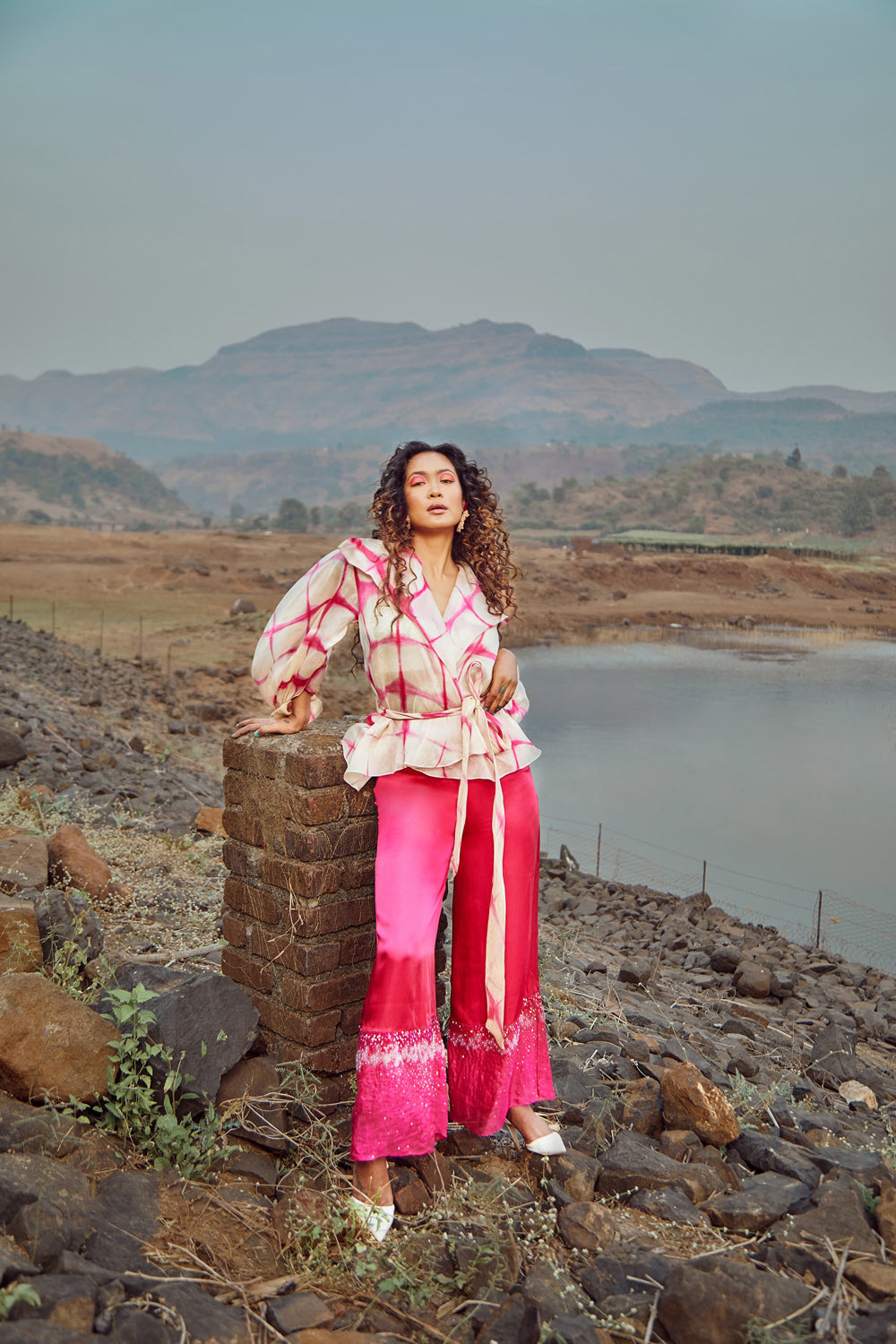 Fuchsia Tie-Dye Overlap Jacket With Pants