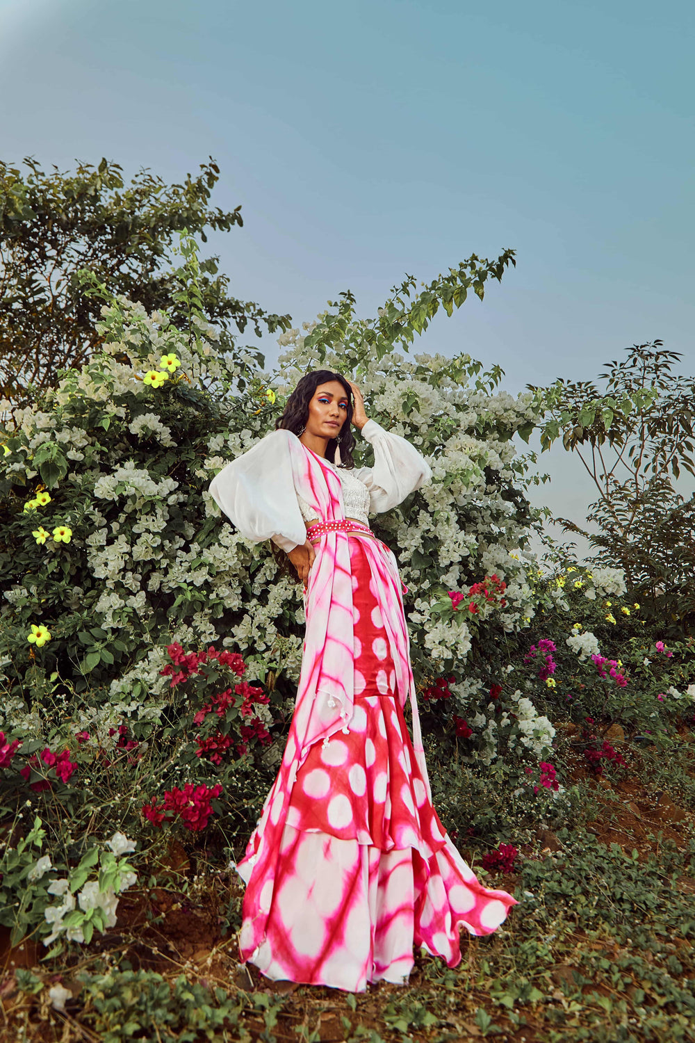 Red Ivory Blouse With Lehenga Saree