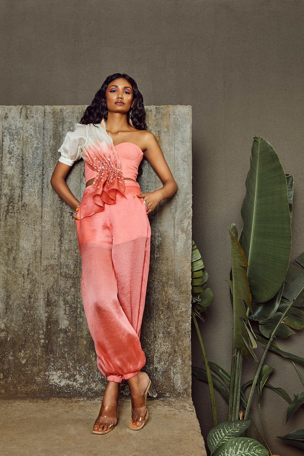 Coral One Shoulder Corallina Bustier Emblazoned With Pants