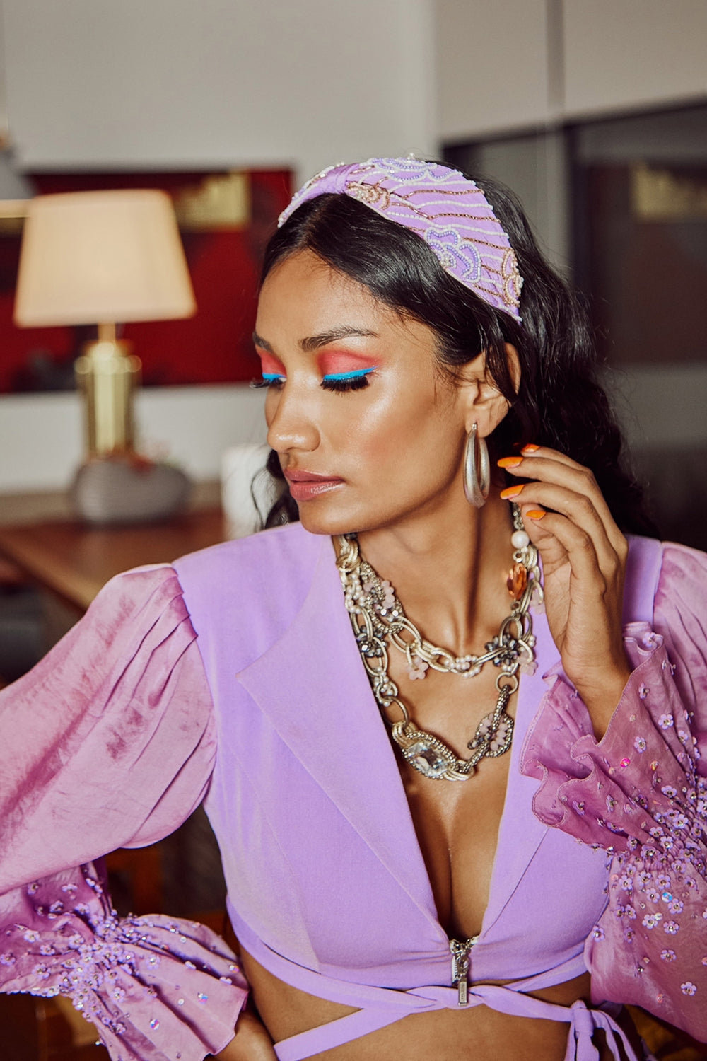 Iridescent Lavender Cropped Jacket With  Trousers