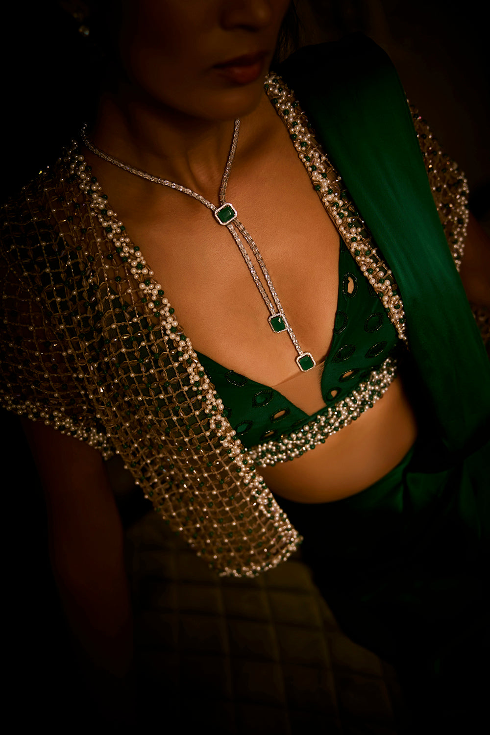 Emerald Green Pre-Draped Saree with Bralette and Cape