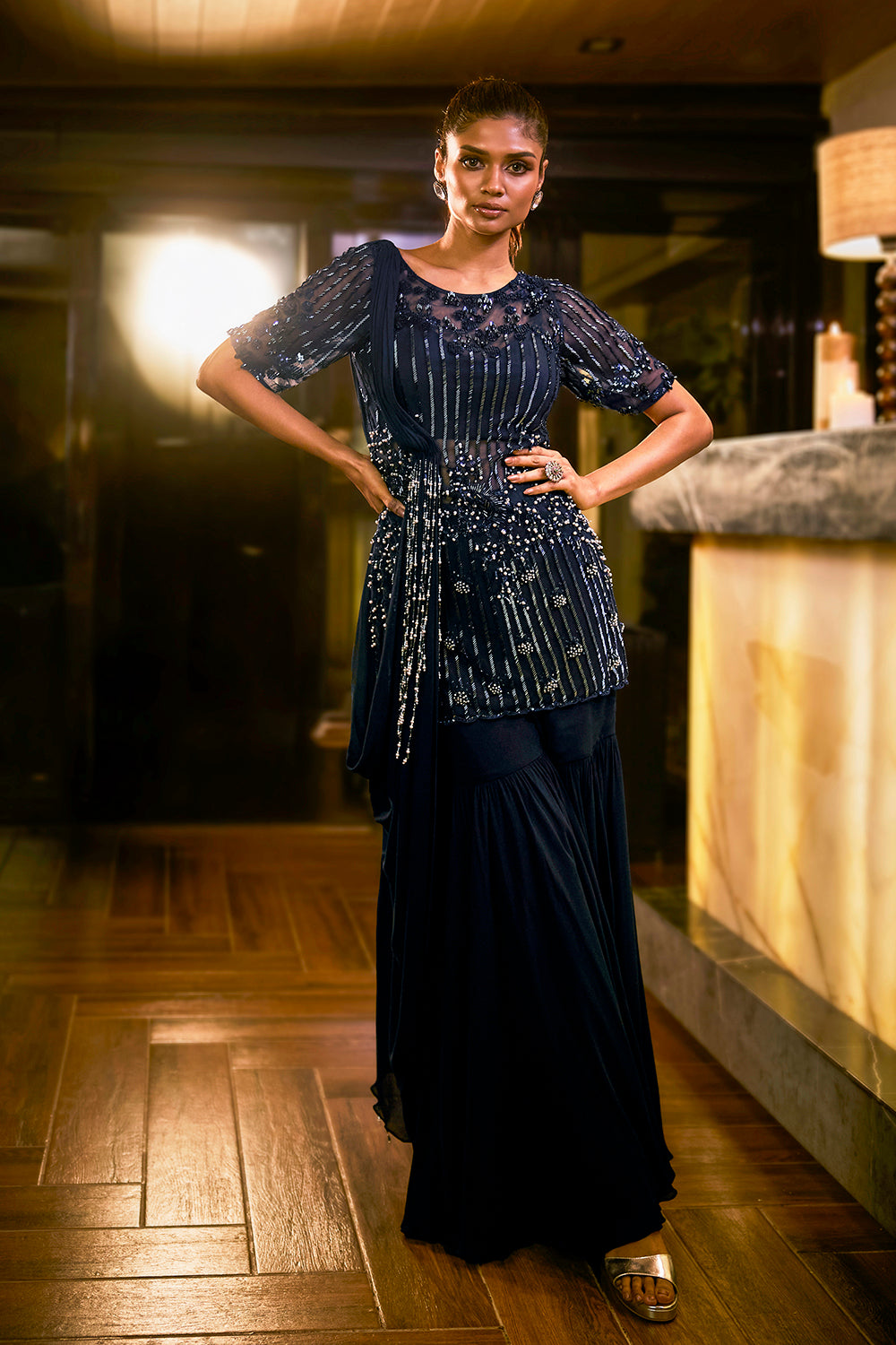 dark blue sharara dress Navy Blue Georgette Thread Work Bridal Sharara Suit - Suryavansi Creation