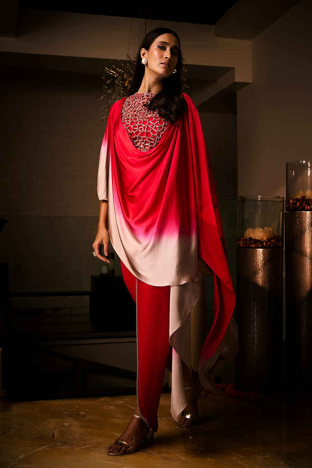 Pure Silk Satin Sangria Ombre Tunic with Tulip Pants