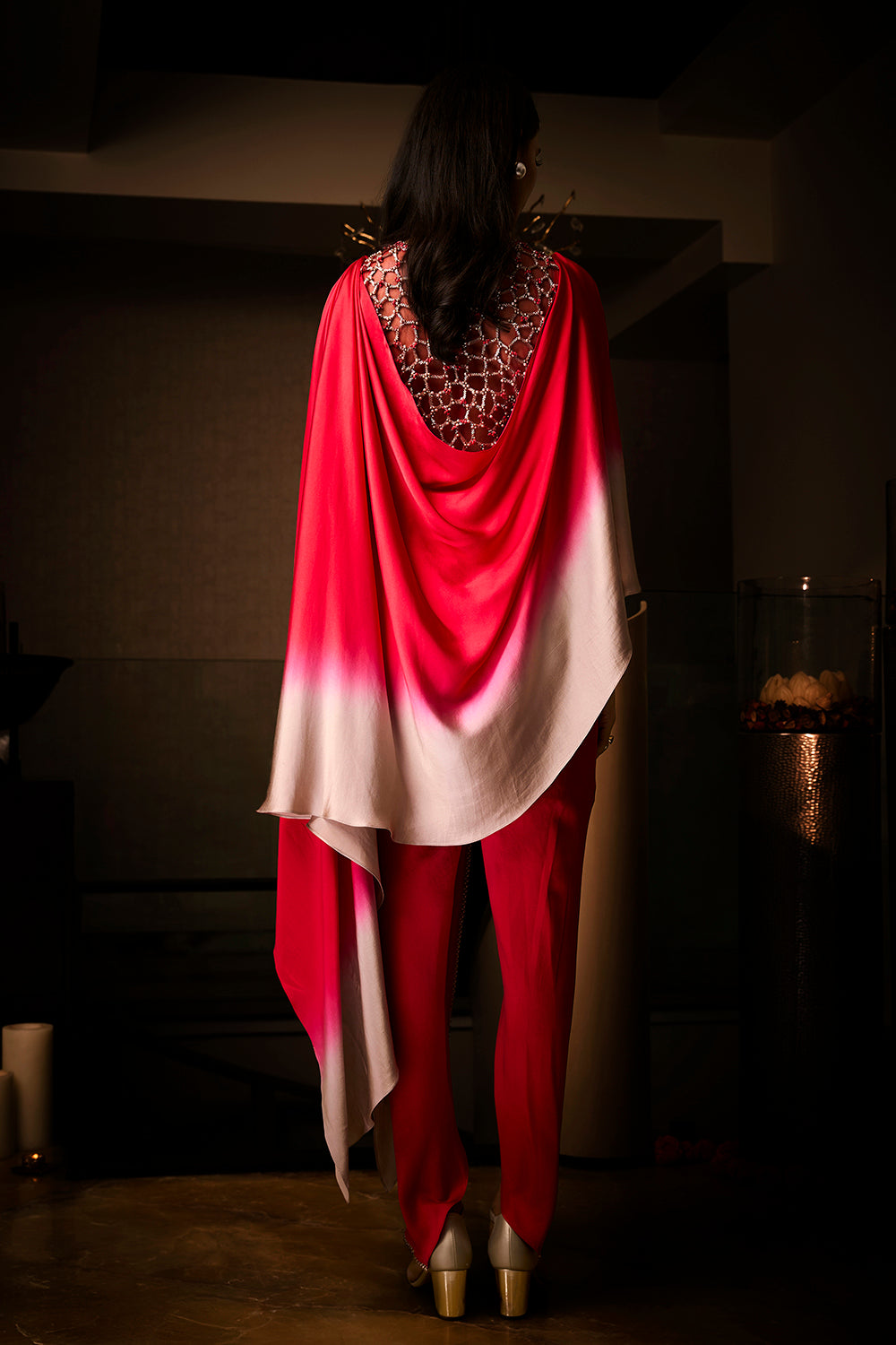 Pure Silk Satin Sangria Ombre Tunic with Tulip Pants