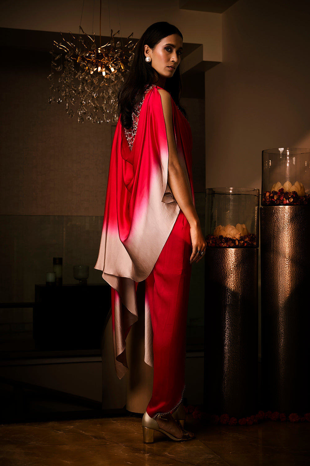 Pure Silk Satin Sangria Ombre Tunic with Tulip Pants