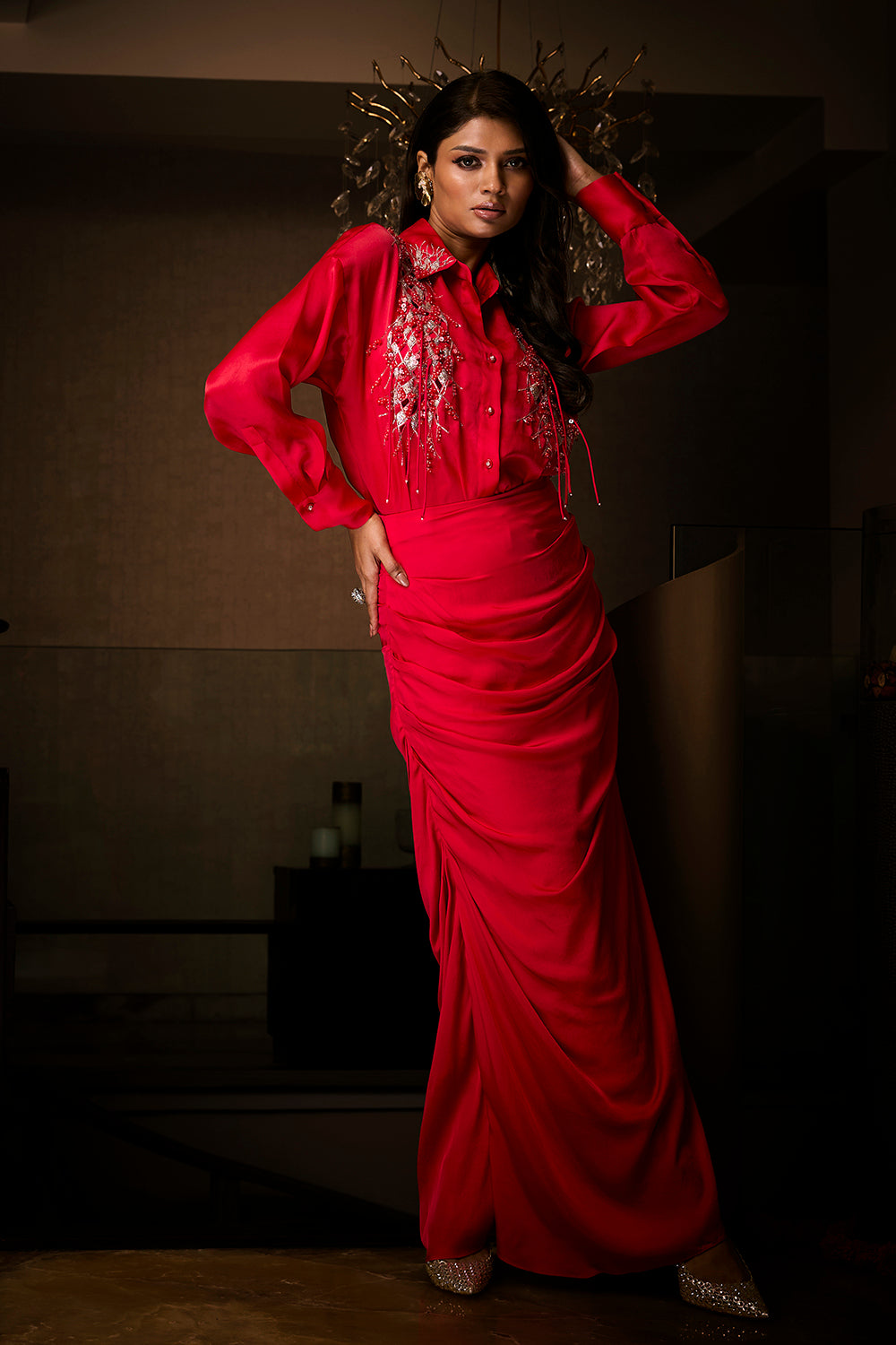 Sangria Silk Satin Cowl Skirt Paired with an Organza Shirt