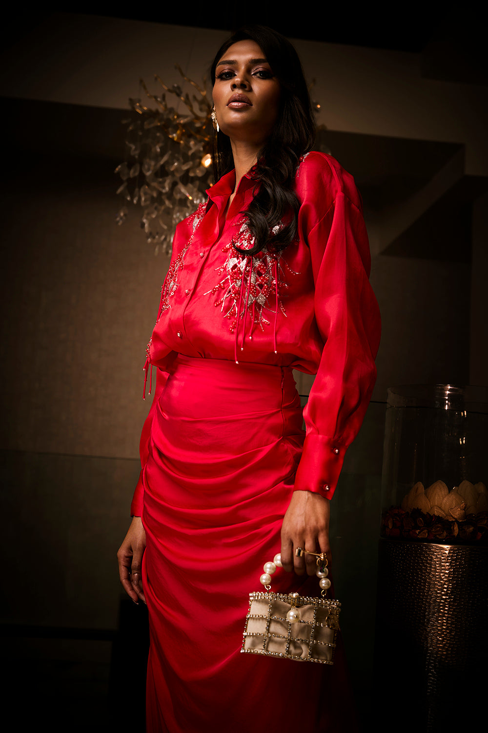 Sangria Silk Satin Cowl Skirt Paired with an Organza Shirt